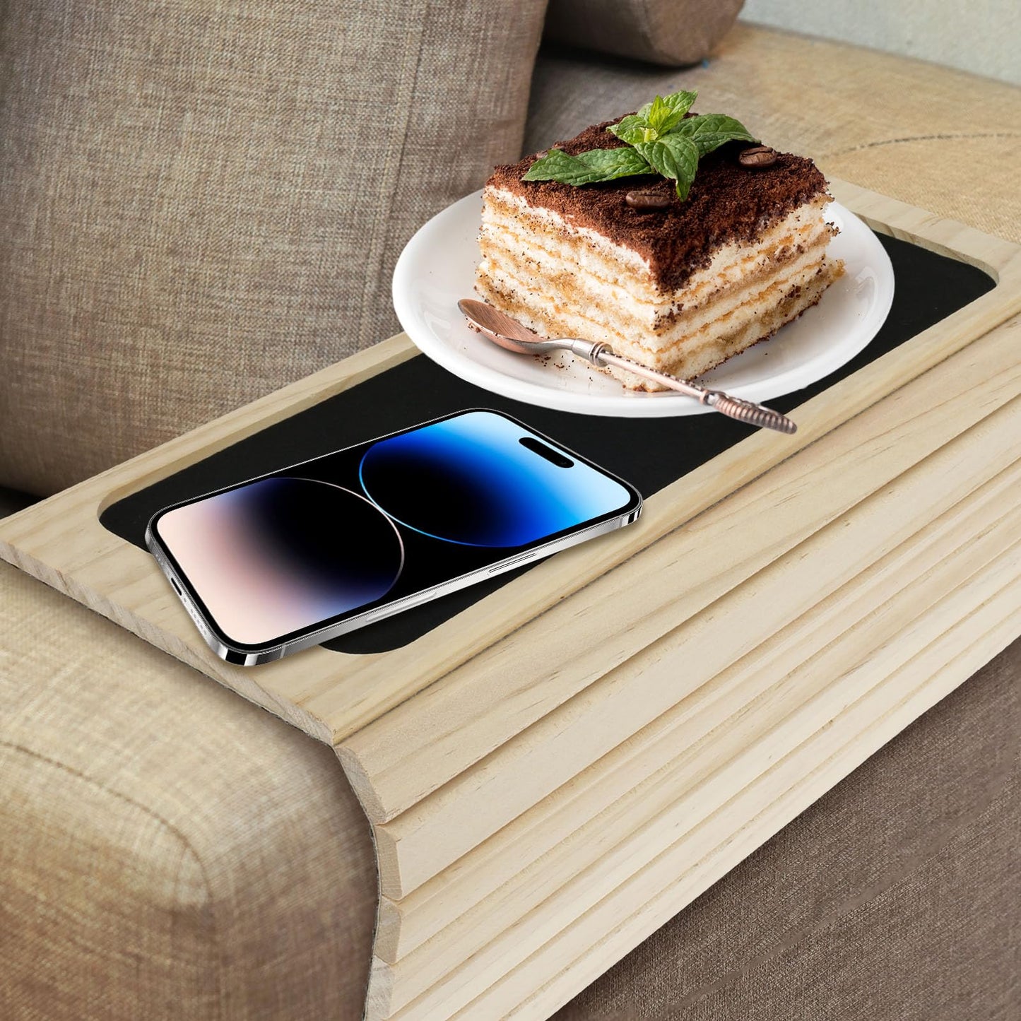 Foldable Sofa Arm Tray - Natural Pine Wood Couch Armrest Table with Non-Slip Fabric Backing Flexible Sofa Armrest Organiser Tray for Drinks, Snacks