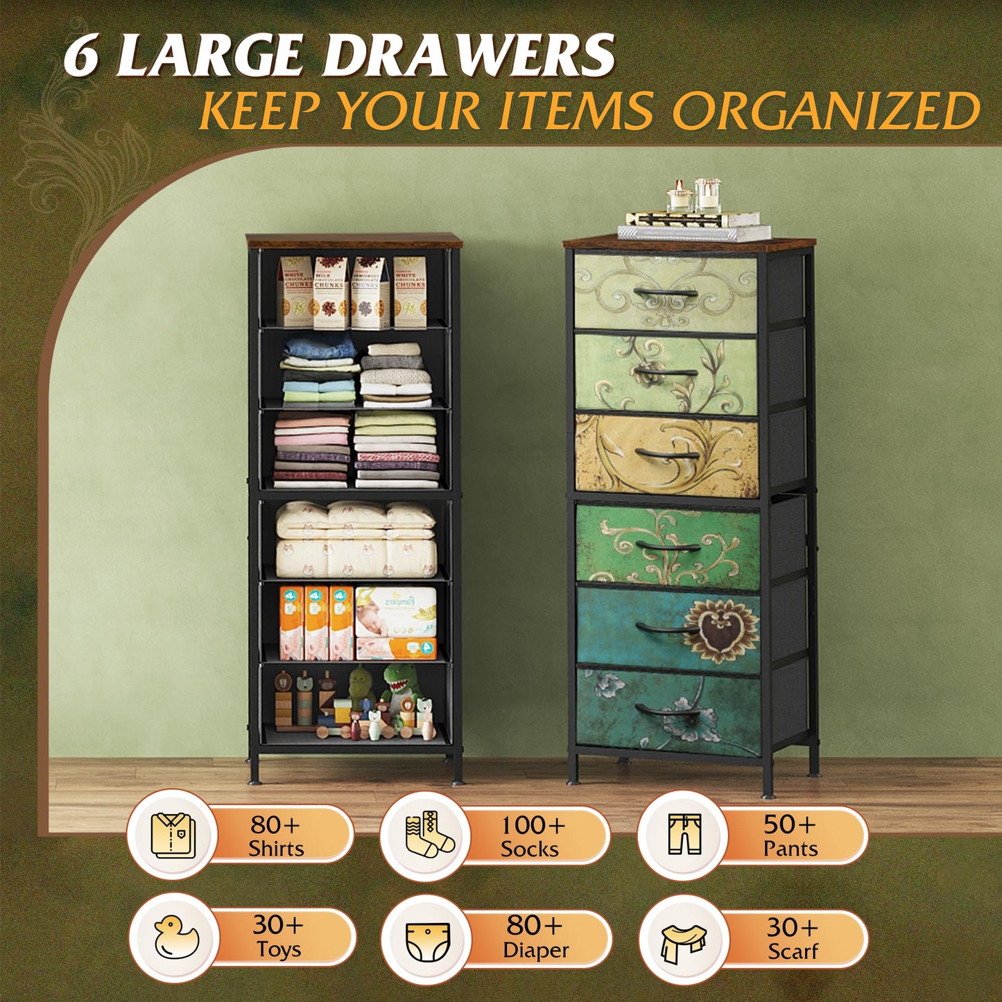 WLIVE Chest of Drawers, 6 Fabric Drawers Tall Narrow Dresser for Bedroom