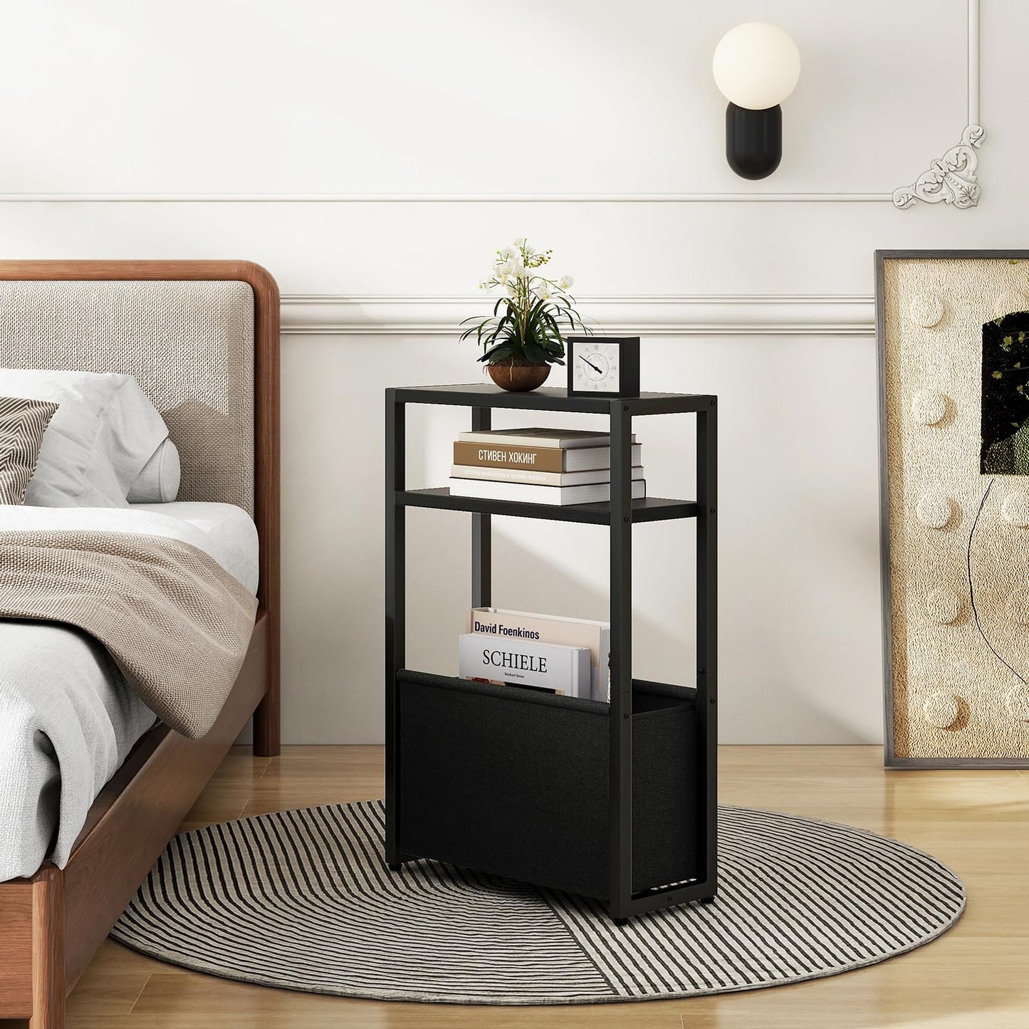 IBUYKE Narrow Side Table,Slim End Table with Fabric Basket,Black TMZ009B