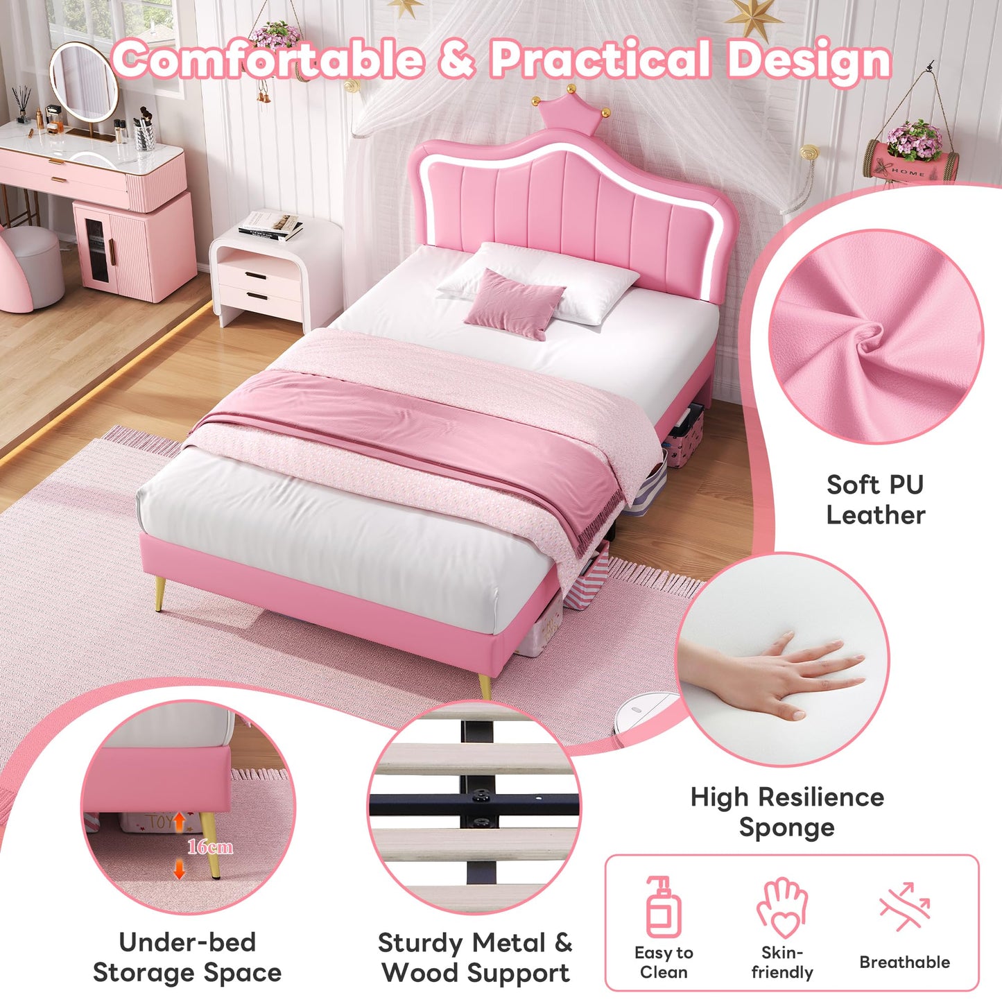 Merax 3FT Single Upholstered Bed Frame with LED Crown Shape Adjustable Headboard, PU Leather Platform Bed with Solid Wood Slats, Sturdy Metal Support