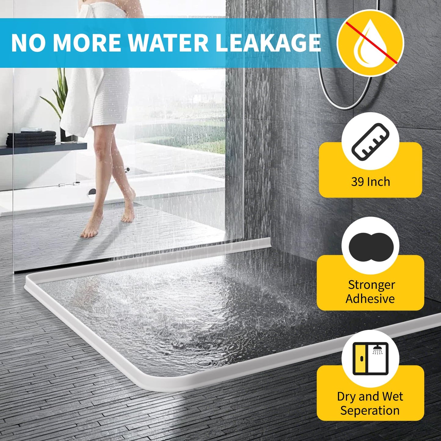 DLYYPLUS 1M Wet Room Floor Barrier, Self-Adhesive Silicone Shower Splash Guard, Shower Threshold Water Dam Barrier Keeps Water Inside Threshold Dry