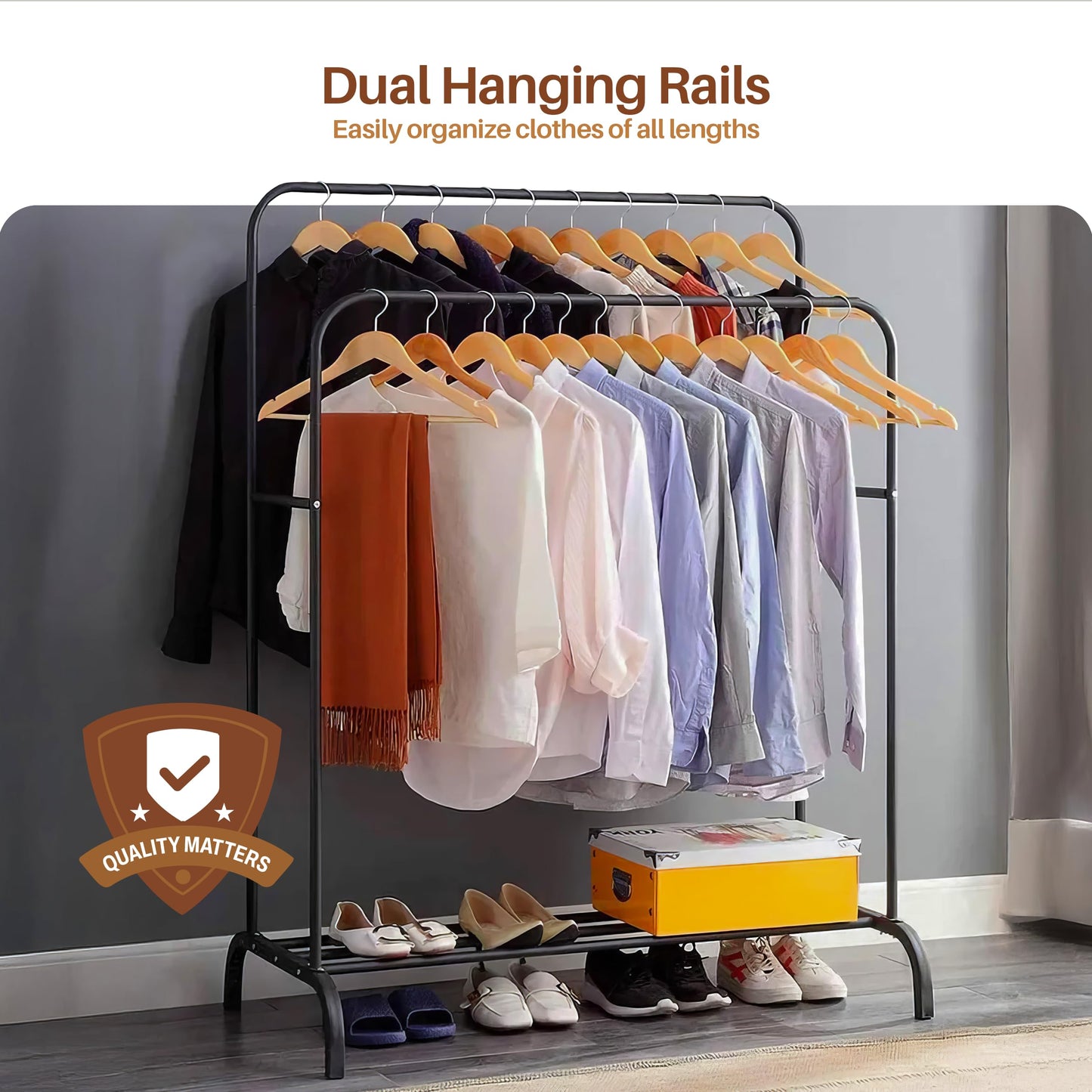PORTENTUM Heavy Duty Steel Clothes Rack - Up to 35 kg - Double Bar Organizer and Shoe Rack - Free Standing Coat Racks with Non-Slip Feet