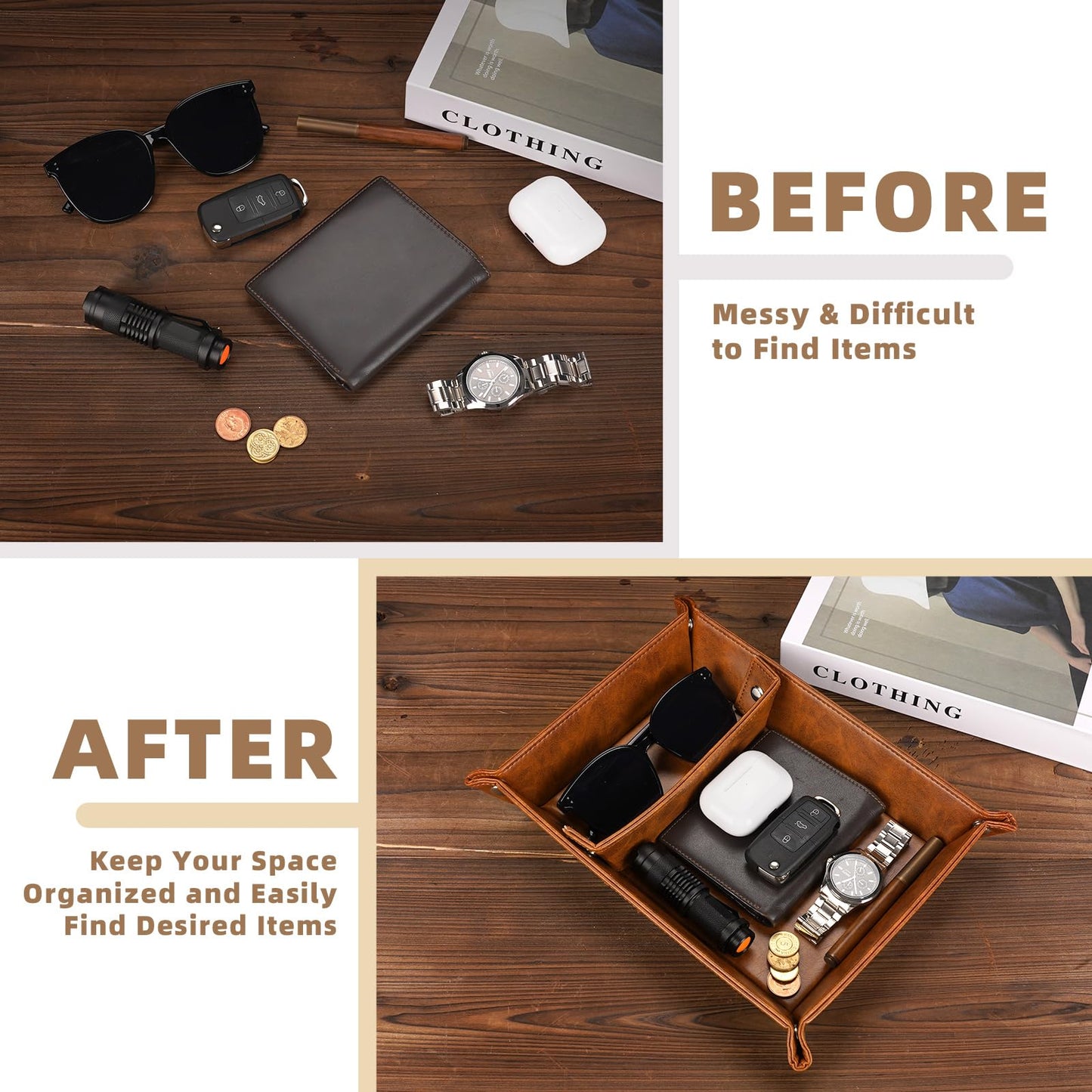 Bedside Organiser Gifts for Him, Mens PU-Leather Valet Tray Gifts, I Love You Gift Set for Husband Boyfriend