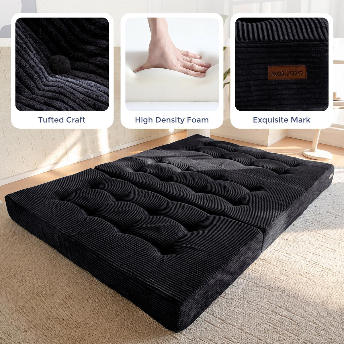 MAXYOYO Folding Mattress, Comfy Corduroy Foldable Mattress with 15cm Thicken Foam, Tri-Fold Floor Futon Sofa Bed for Guest,Black,Double