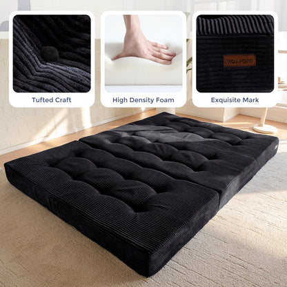 MAXYOYO Folding Mattress, Comfy Corduroy Foldable Mattress with 15cm Thicken Foam, Tri-Fold Floor Futon Sofa Bed for Guest,Black,Double
