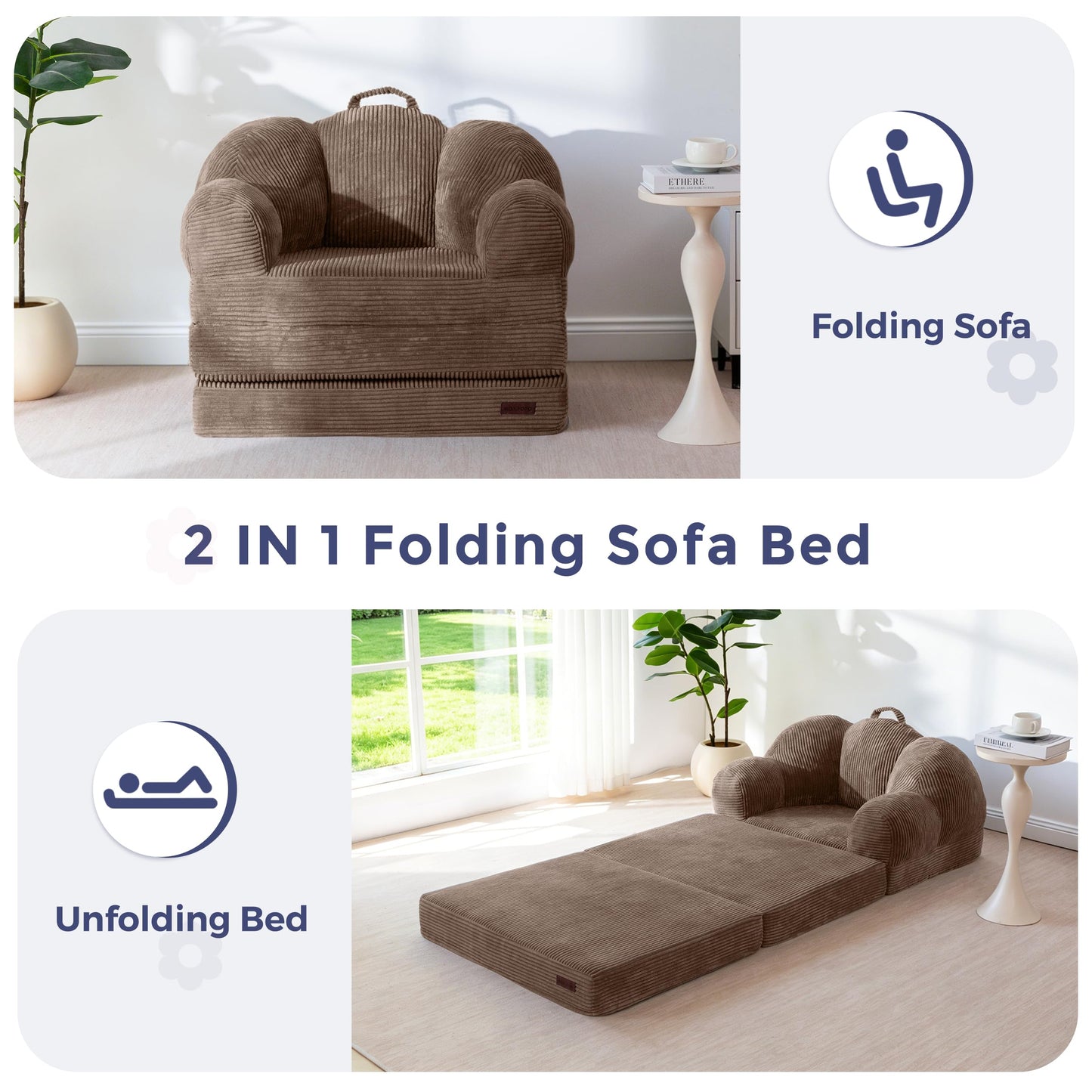 MAXYOYO Folding Sofa Bed with Backrest, Floral Shaped 2 in 1 Convertible Sofa to Comfy Faux Fur Bean Bag Chair for Adults