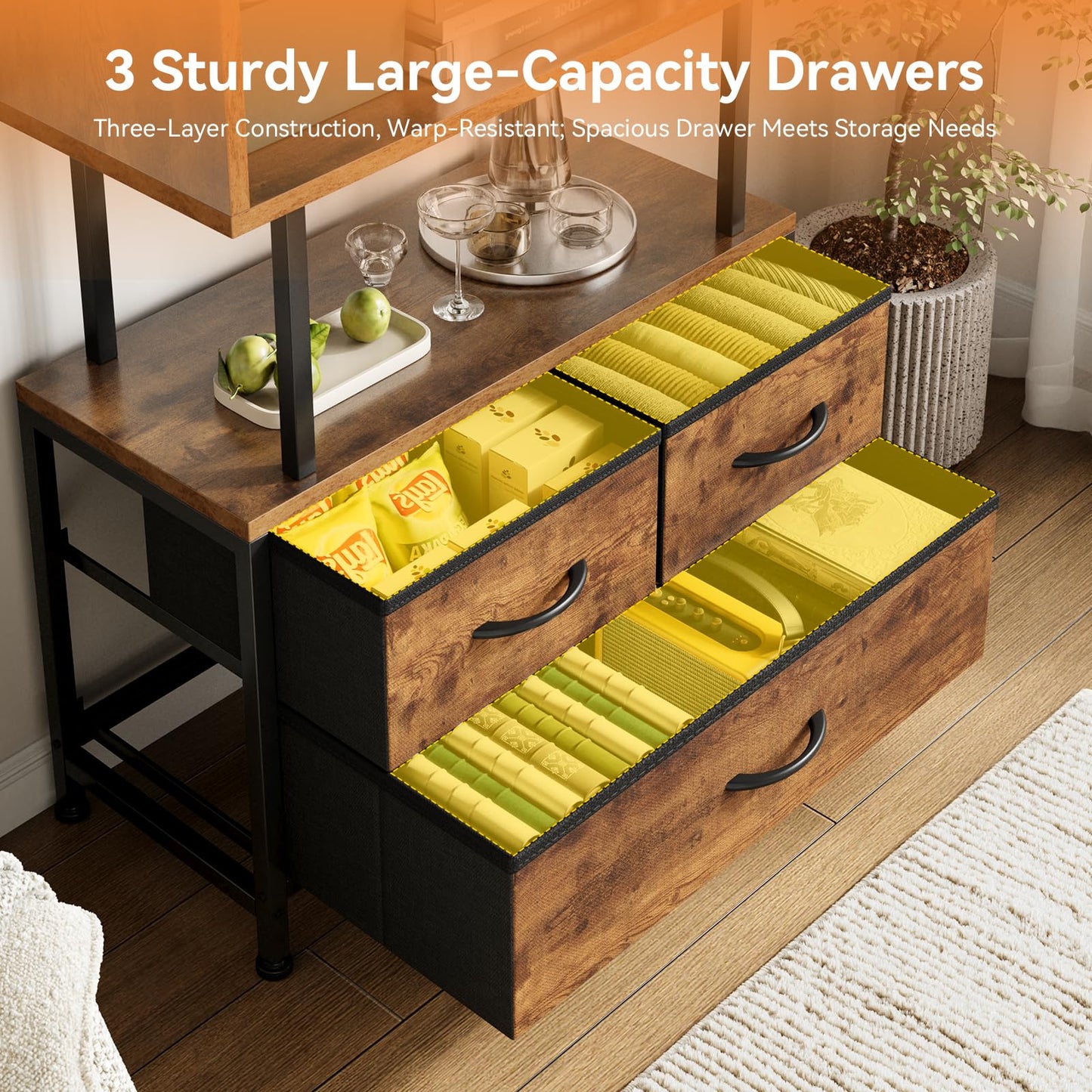 Coleshome 5-Shelf Bookcase With 3 Fabric Drawers, 60 x 24 x 155cm, Vintage