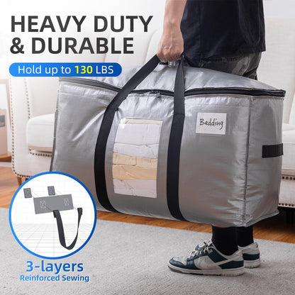 TAILI Moving Bags Heavy Duty with Zips Extra Large 6 Pack,Clear Window & Reinforced Handles,Silver Storage bags for Clothes, Beddings,Travel,Moving