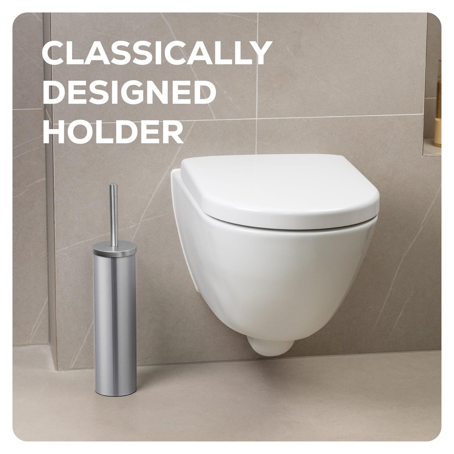 EPISTAR Silicone Toilet Brush & Holder Set - Stainless Steel - Replacement Heads Available - 45cm Tall - Toilet Brush Silicone with Long Handle