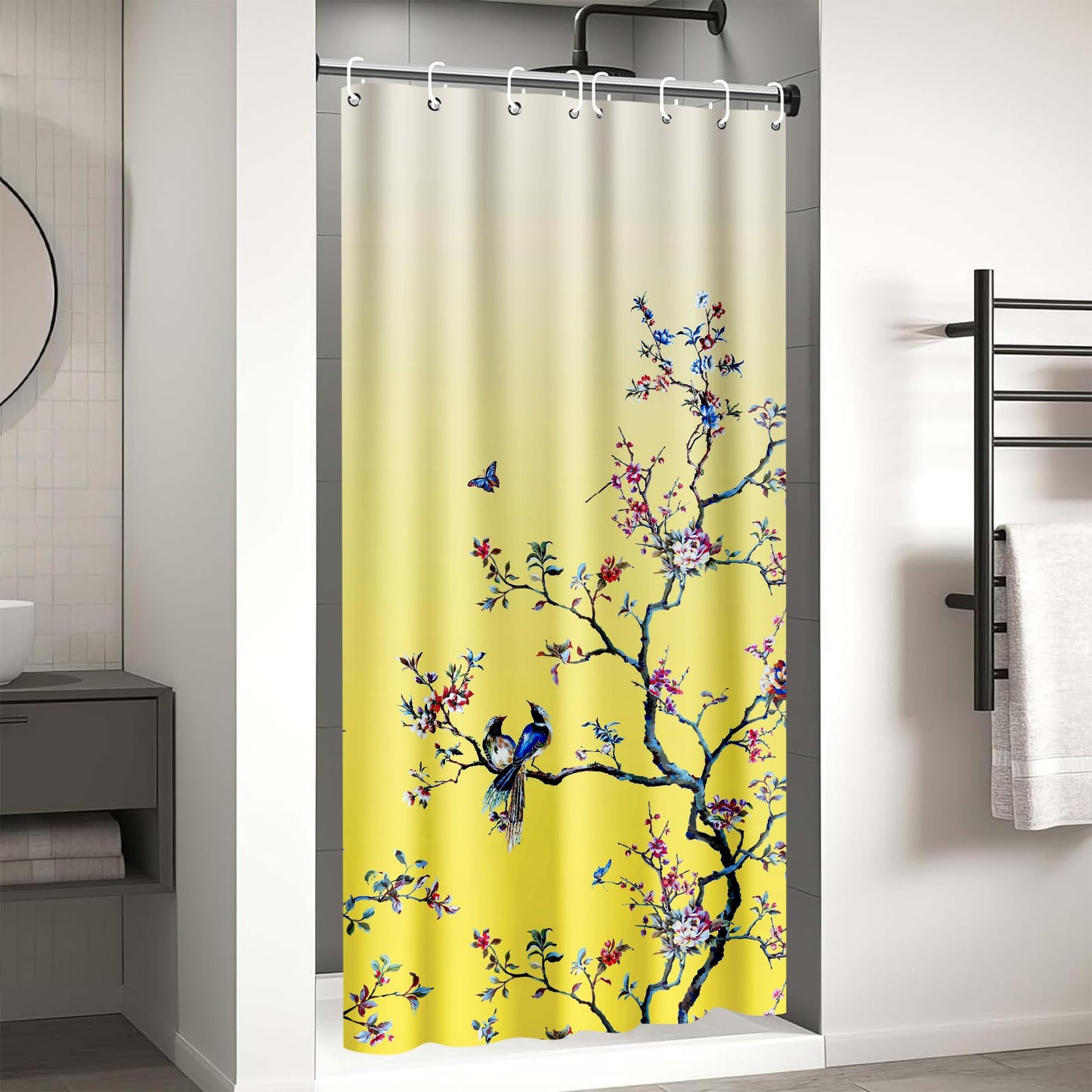 LIVETTY Yellow Bird Floral Shower Curtain 90cm × 180cm Mould Proof Butterfly Fabric Bathroom curtain For Women & Men With 12 Hooks Washable