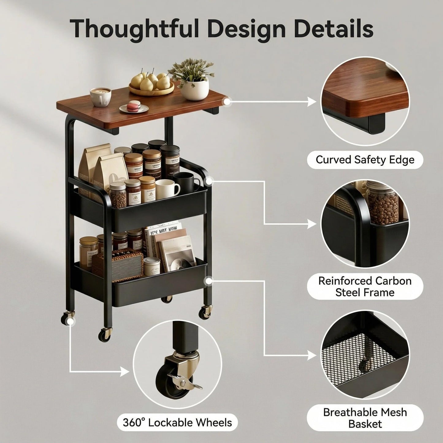 3 Tier Metal Rolling Utility Cart Organizer with Walnut Table Top, Stable and Sturdy Rolling Storage Carts with 2 Lockable Wheels for Kitchen
