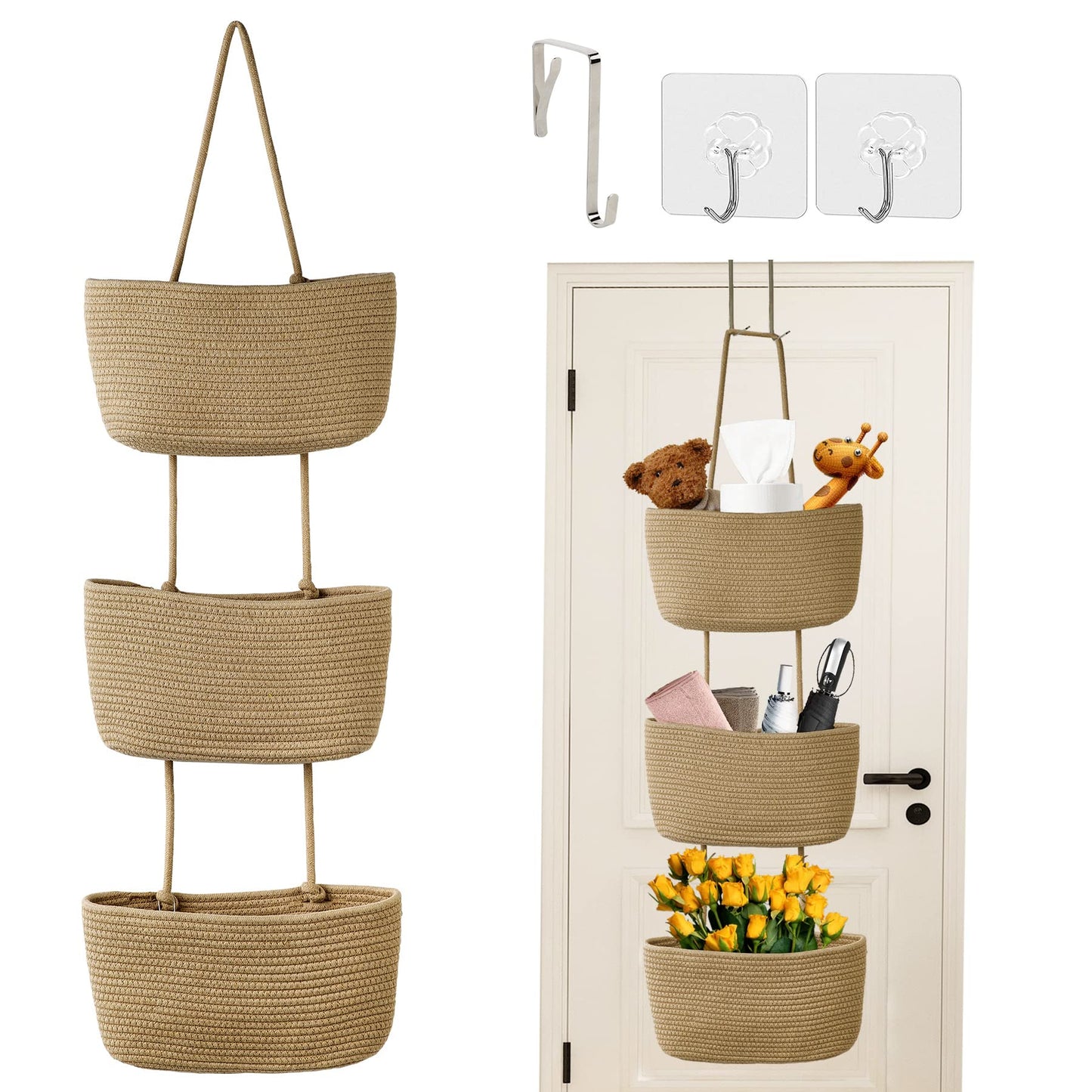 Autumnlife 3-Tier Over Door Storage Organiser, Woven Cotton Fabric Hanging Storage with Hooks, Space-Saving Back of Door Organiser for Bedroom