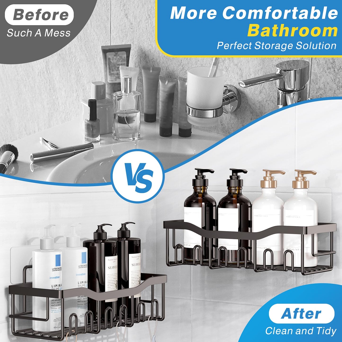 Eudele Shower Caddy 5 Pack,Adhesive Organizer for Bathroom Storage&Home Decor&Kitchen,No Drilling,Large Capacity,Rustproof Stainless Steel
