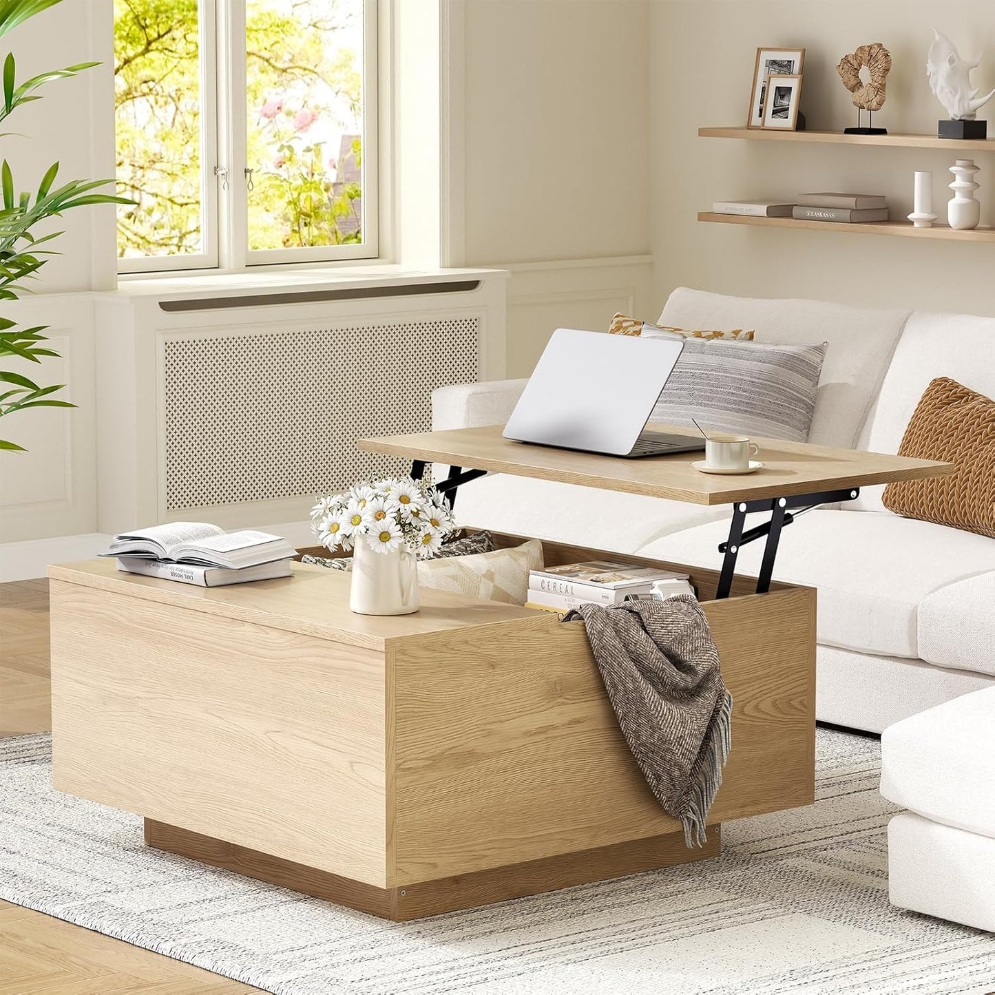 Mossora Natural Lift Top Coffee Table with Hidden Storage, 80 * 80 * 40cm
