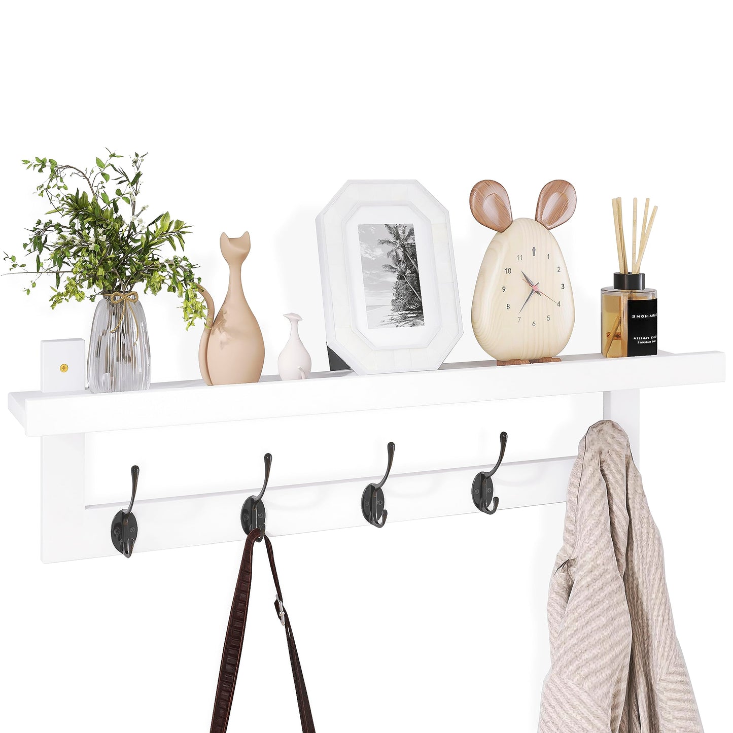 SMIBUY Coat Hooks with Shelf Wall-Mounted, 74 cm Entryway Coat Rack for Wall, Bamboo Hanging Shelf with 5 Double Metal Hooks for Bathroom, Bedroom