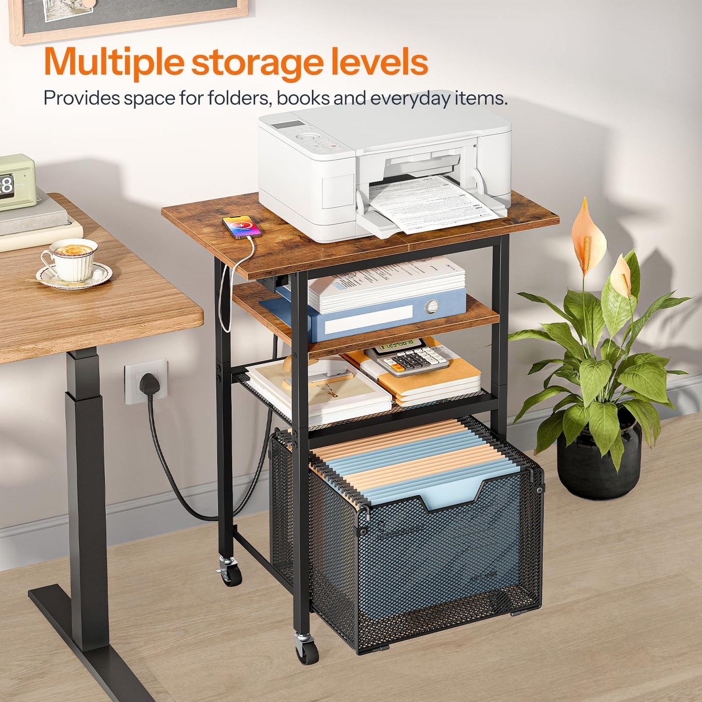 HOOBRO Printer Stand with Charging Station, Rolling Printer Table with File Drawer, 4-Tier Mobile Printer Cart with AC Outlet, Type-C & USB-A Ports