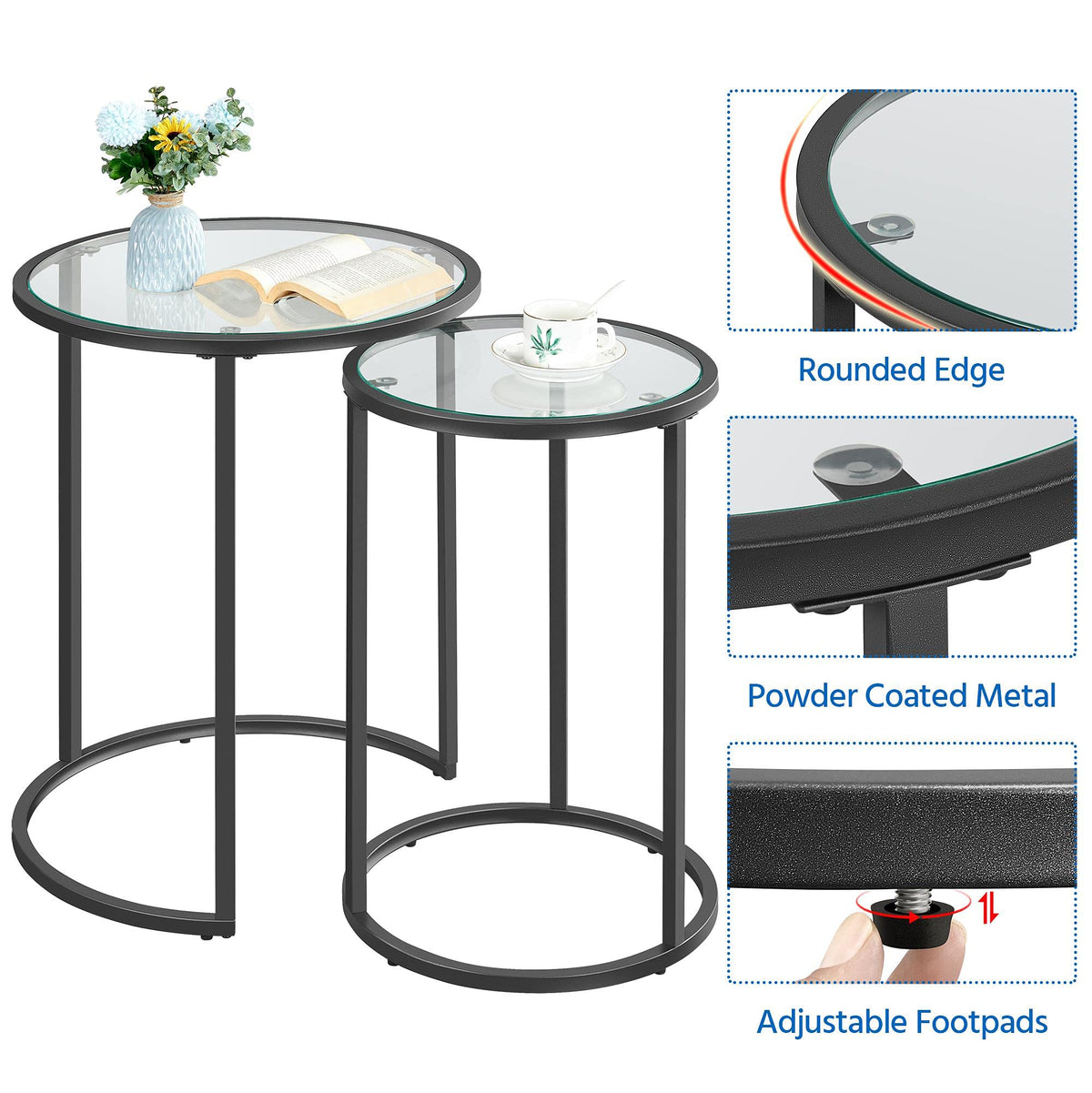 Yaheetech Glass Nesting Tables Set of 2 with Metal Frames, Black