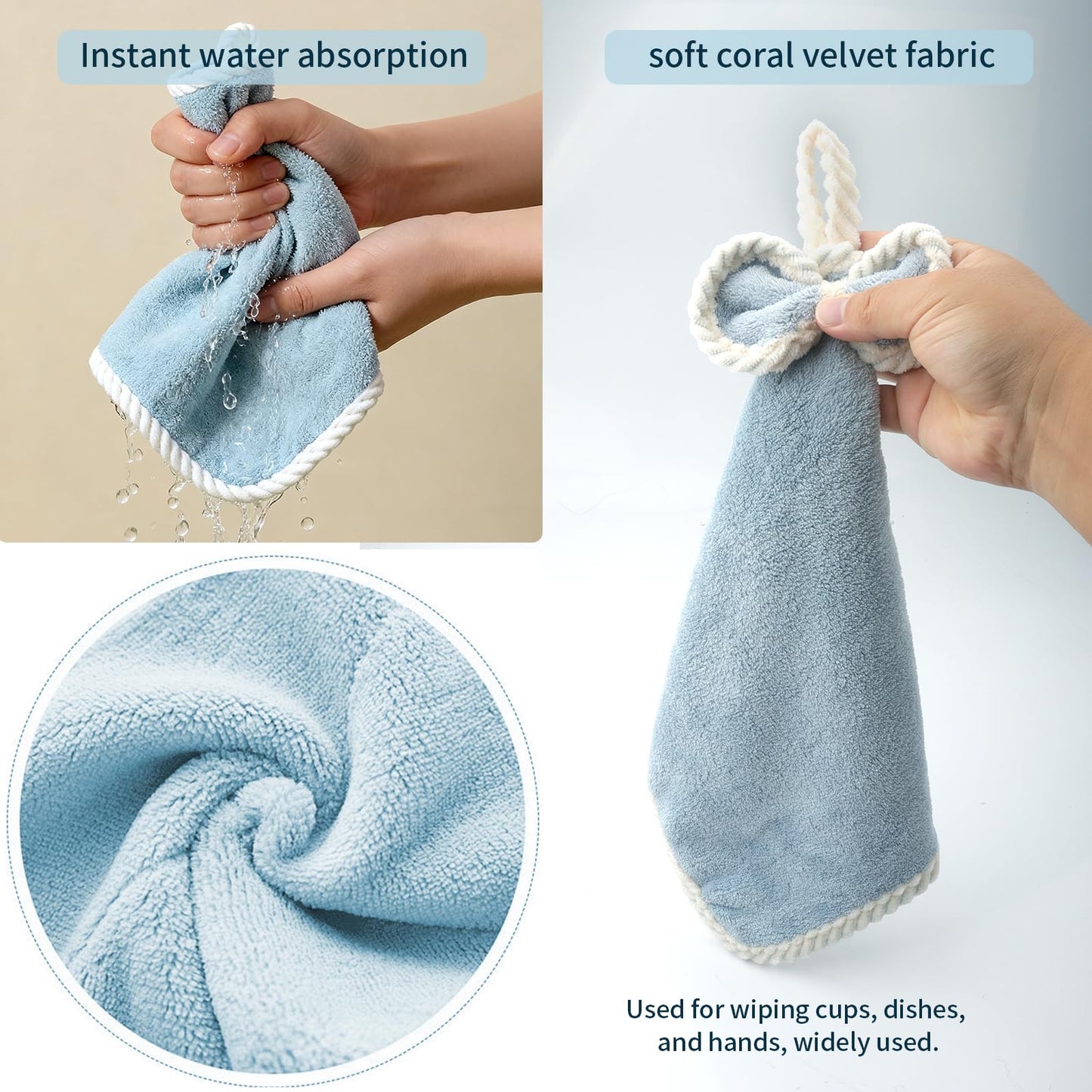 LHNNDM Pack of 3 Kitchen Bathroom Hand Dryer Towels, Microfibre Coral Fleece Lovely Hand Towels,Microfiber Coral Velvet Hand Towels Hanging Loop，Dry