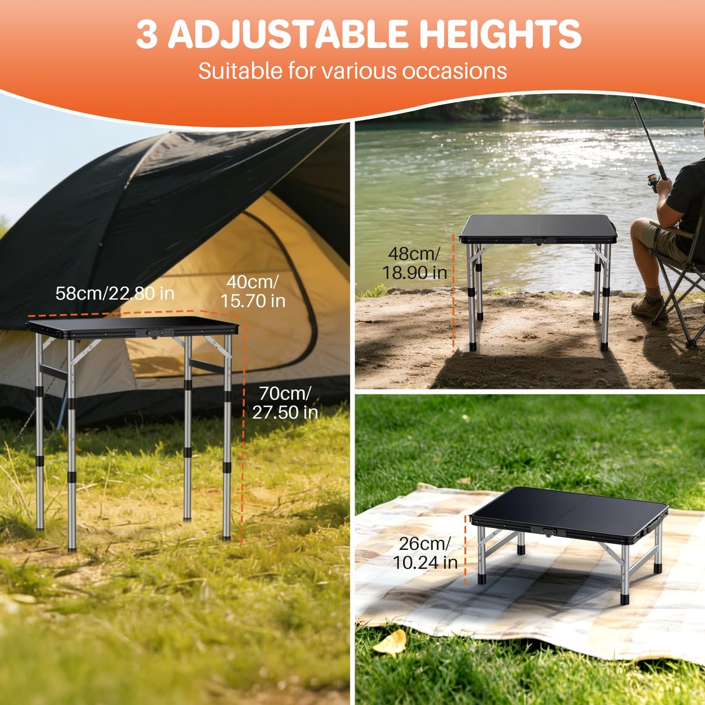 FUNYKICH Camping Table with Plastic Tabletop 58x40cm, 3 Height Adjustable Small Folding Table