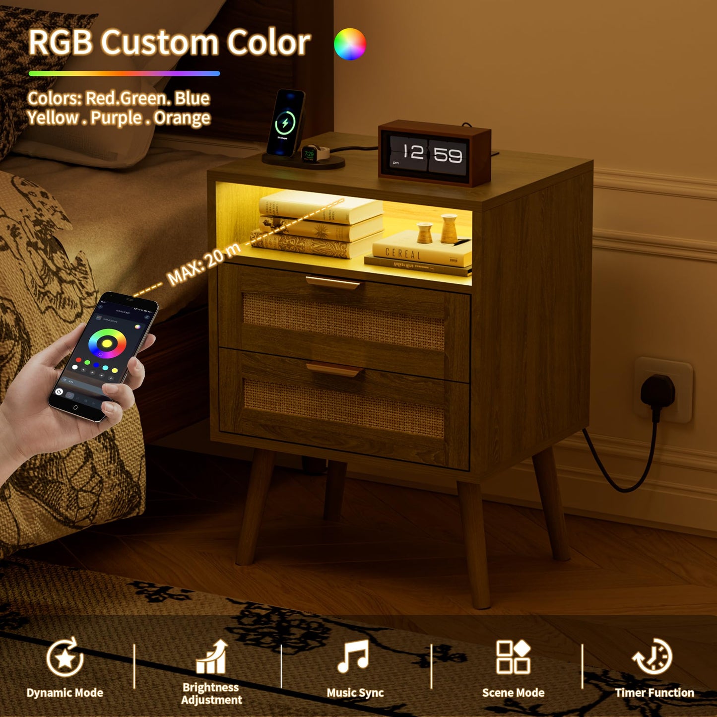 BonVache Bedside Tables Set of 2, Adjustable Lighting, Nightstand with LED Lights and Charging Station, Open Compartment and 2 Rattan Drawers