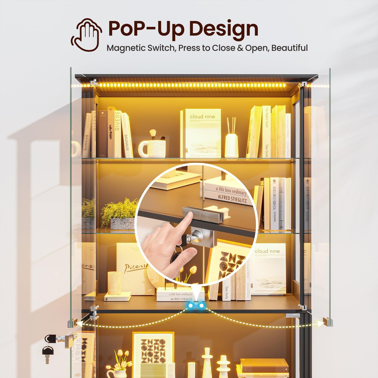 180cm Glass Display Cabinets with 3 Color Lights for Collectibles Bookcases