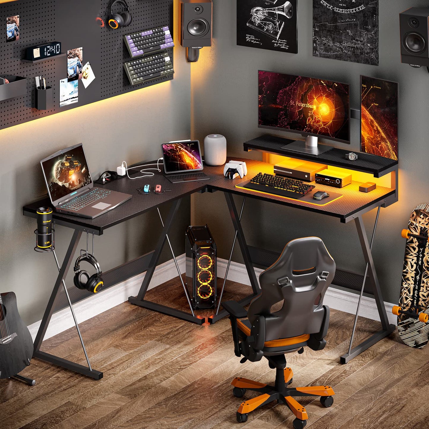 Bestier L Shaped Gaming Desk Computer Desk with LED Lights Monitor Stand 130CM Corner Desk with Cup Holder Headset Hook Ergonomic for Home Office