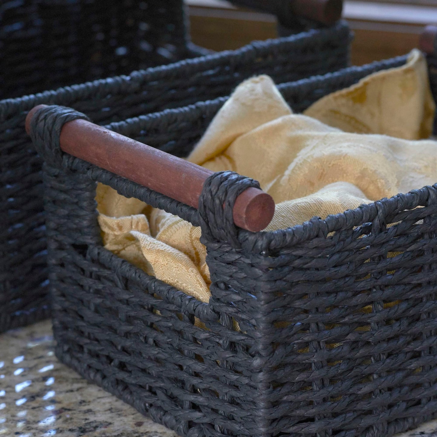 Household Essentials Decorative Woven Baskets, Set of 3 Baskets, Paper Rope with Wood Handles, Sturdy Metal Frame, Small, Medium and Large, Black