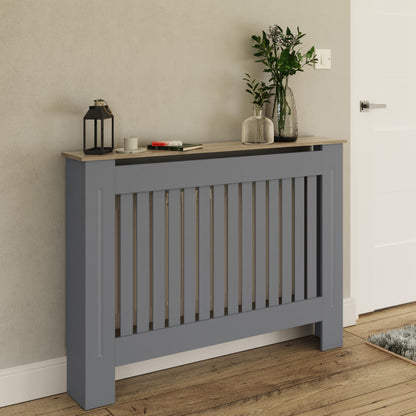 GFW Longslow Medium Radiator Cover with Vertical Slatted Design, Top Display Shelf, Durable Finish and Modern Radiator Cabinet, Grey