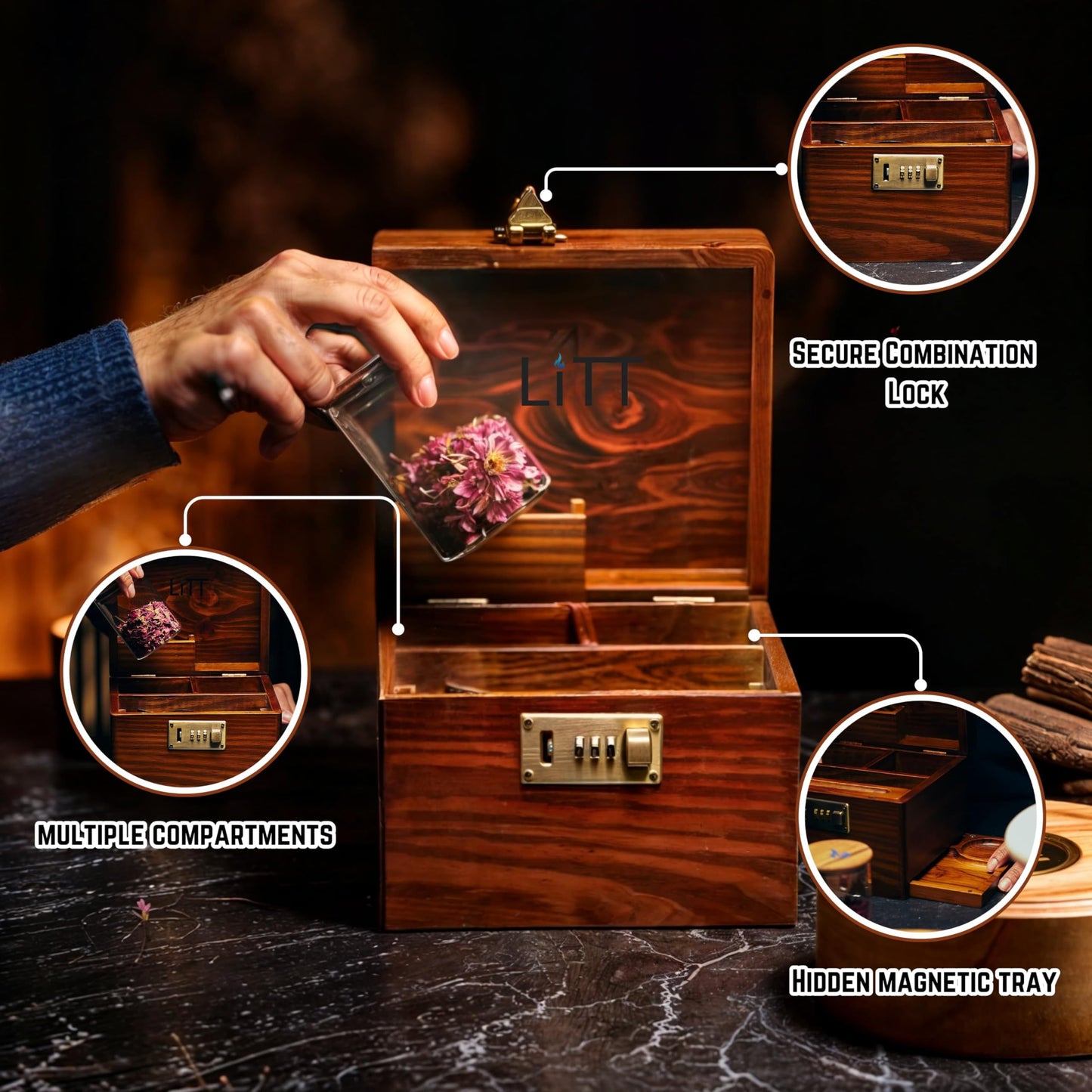 LITT - Premium Wooden Combination Lock Stash Box Set with Glass Jar, Hidden Tray, and Storage Box (Brown)
