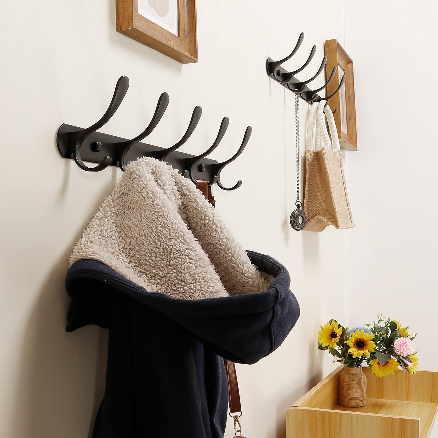 SKOLOO Modern Metal Coat Rack Wall Mount with 5 Hooks, Pack of 2, Sturdy Wall Coat Hooks for Hanging Coats, Jacket, Clothes, Hat, Matte Black