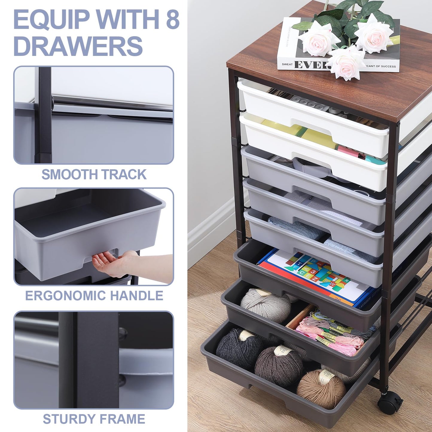 SYKIARIOL 8-Drawer Storage Trolley Rolling Cart with Lockable Wheels, Gray