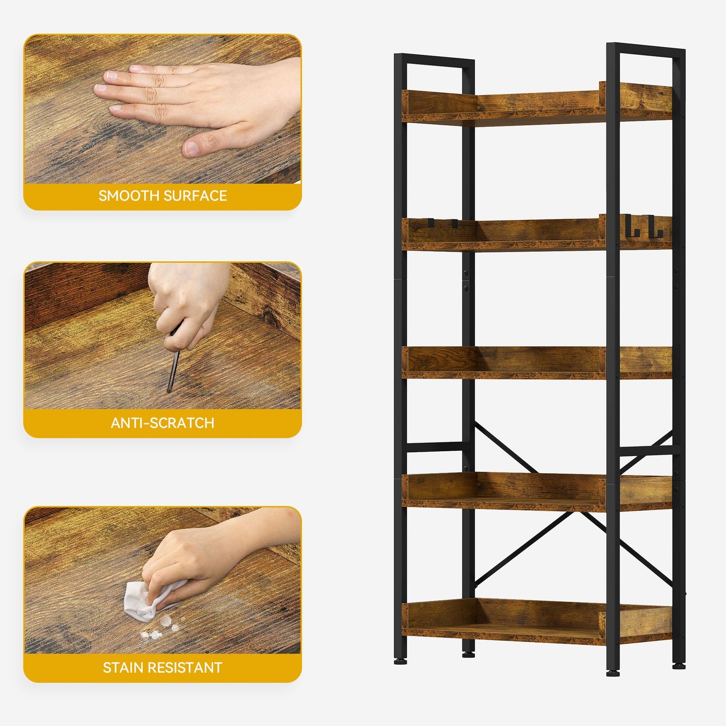 DWVO Tall Bookcase 5 Tiers, Floor Standing Industrial Book Shelf 64cm Wide 160cm High Large Book Case Wooden Shelf and Metal Shelving Unit Display