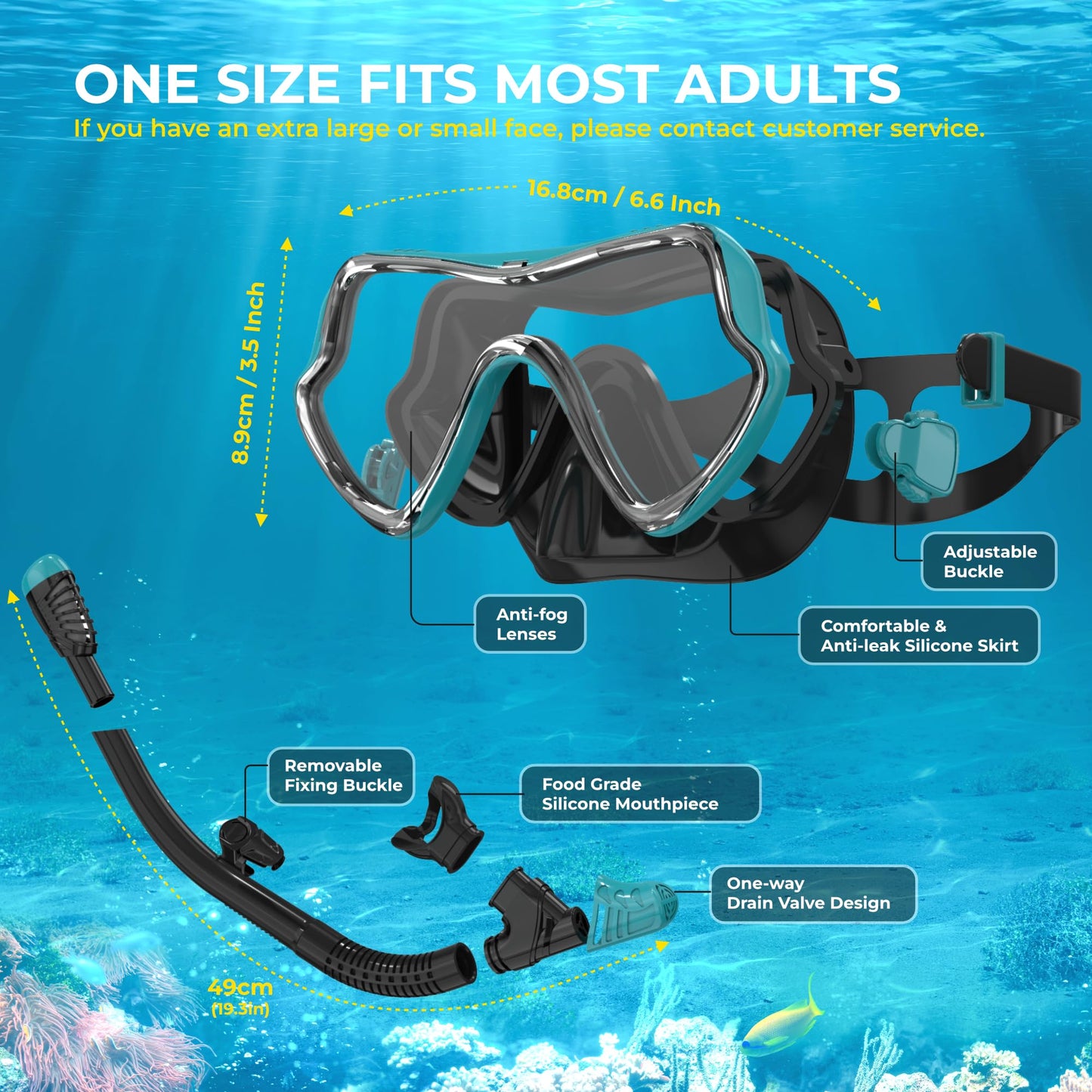 G2RISE SN02 Snorkel Set Adults - Scuba Mask Diving Goggles Dry Snorkeling Gear with Breath Easy Airflow Tech & Anti-fog Design2PACK)