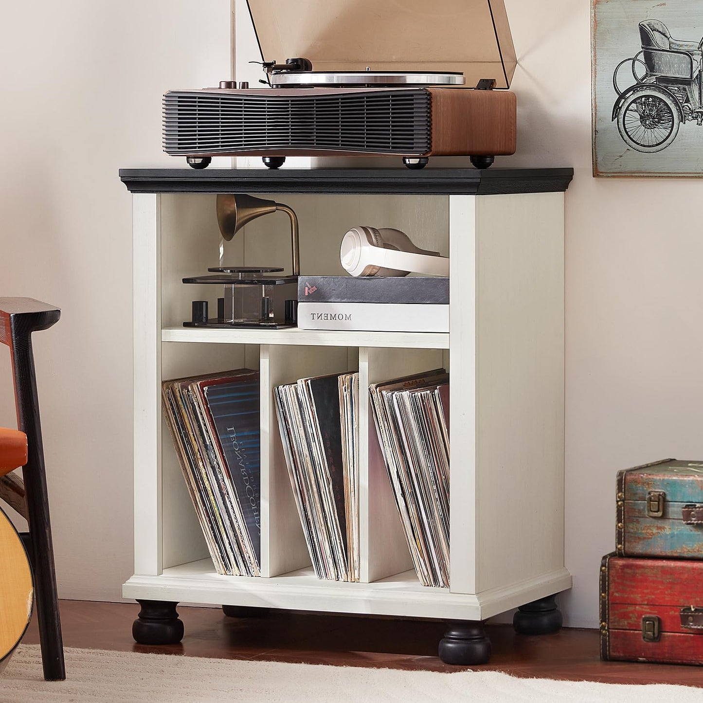 LELELINKY Large Record Player Stand with Vinyl Record Storage, 24" Wide Wood Turntable Stand, Mid-Century Record Player Table Up to 200 Albums