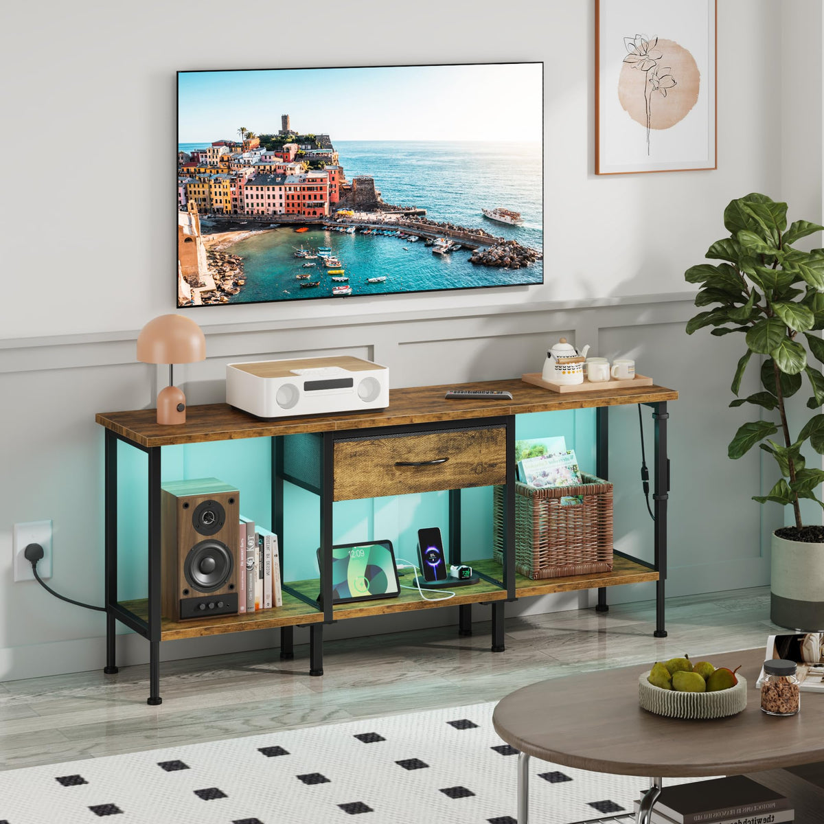 OYRREU TV Stand Cabinet LED for 65 55 Inch, TV Unit with Socket, USB Slots