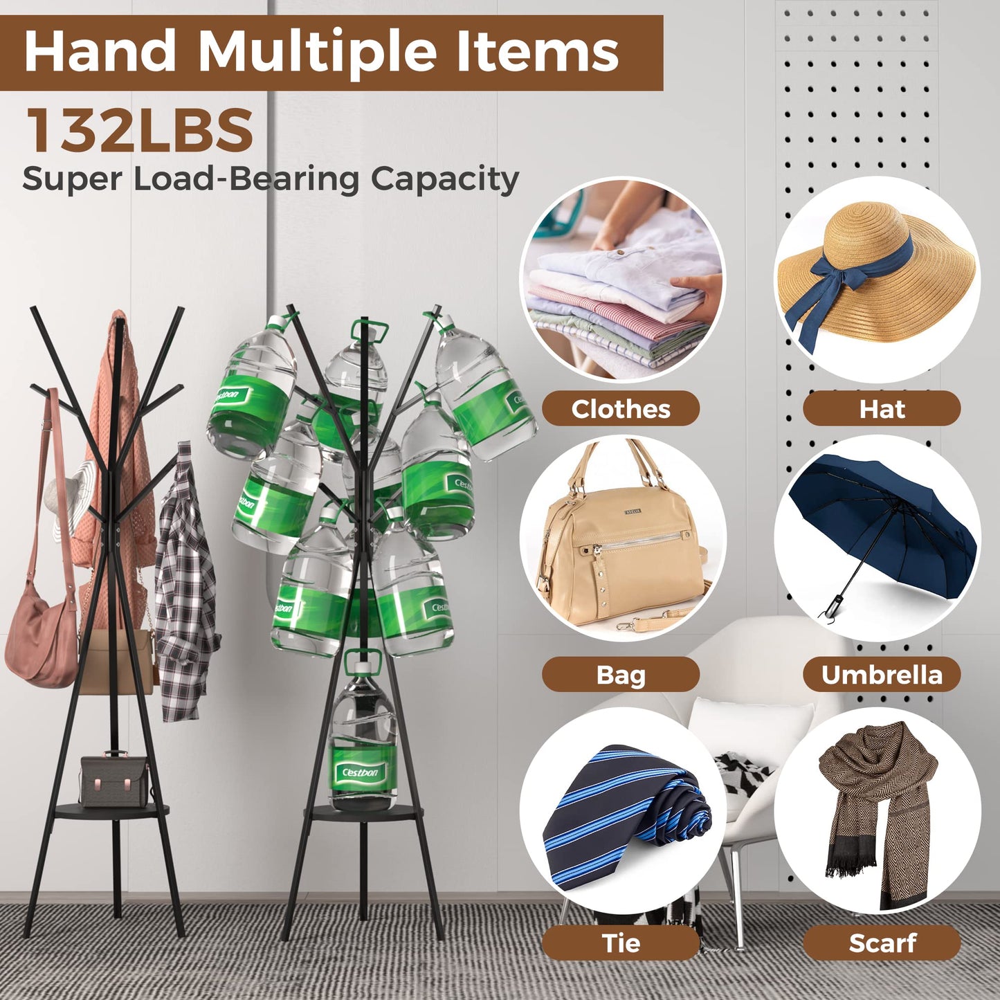 HOME BI Coat Rack Stand, Entryway Standing Coat Tree,Hat Stand Coat Hanger with 9 Hooks for Holding Jacket, Handbag, Clothes, Hats, and Scarves, Black