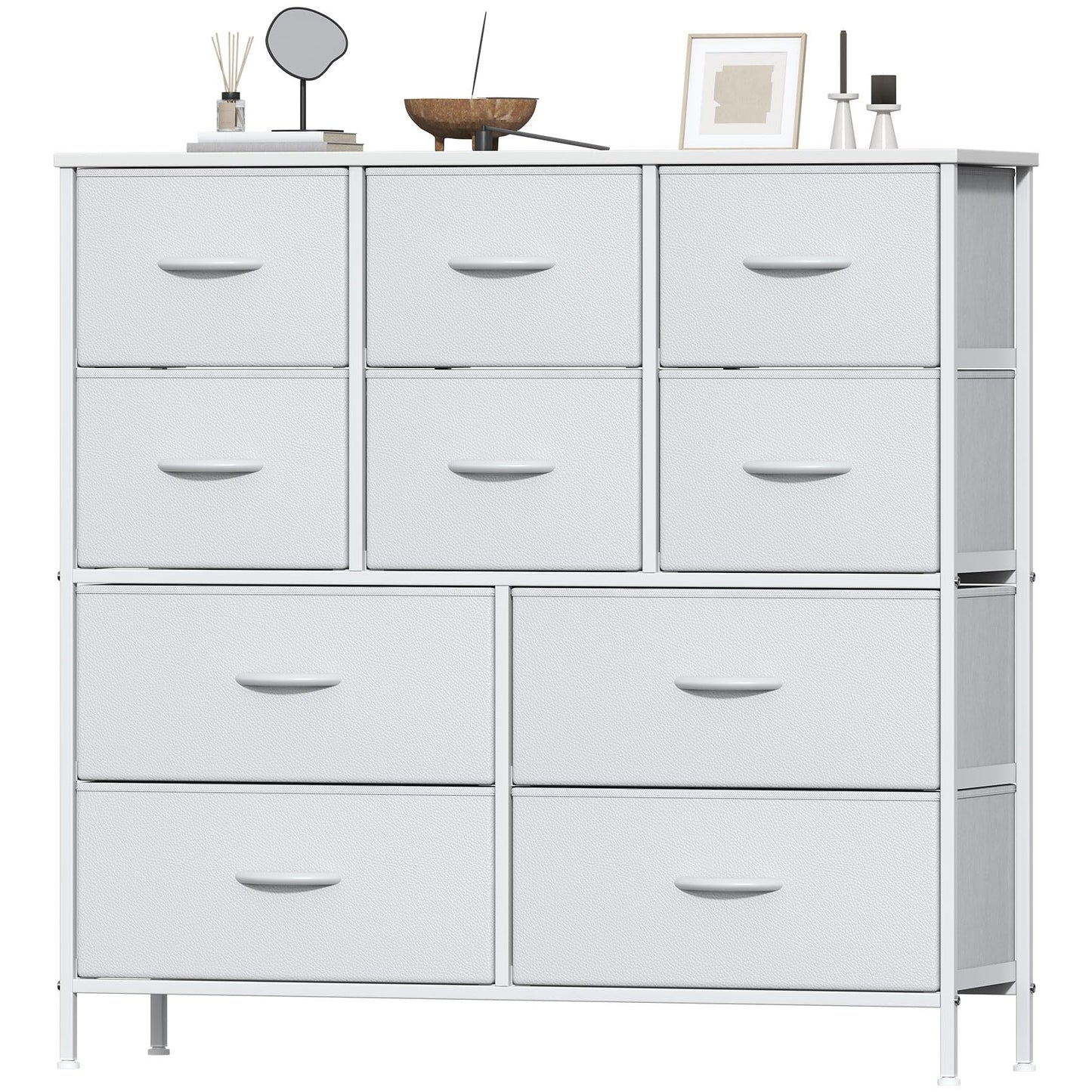 Feonase Chest of Drawers, Bedroom Tall Dresser with 10 Fabric Drawers, Metal Frame & MDF Wood Top, Adjustable Feet