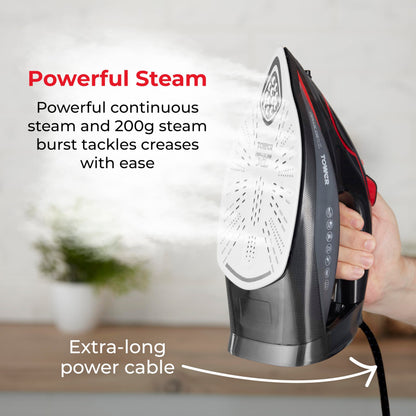 Tower T22034RED Steam Iron with Ceraglide XL Ceramic Soleplate, AI One Temp Technology, Anti-Drip & Anti-Calc, 350ml Water Tank, 3100W, Red & Black