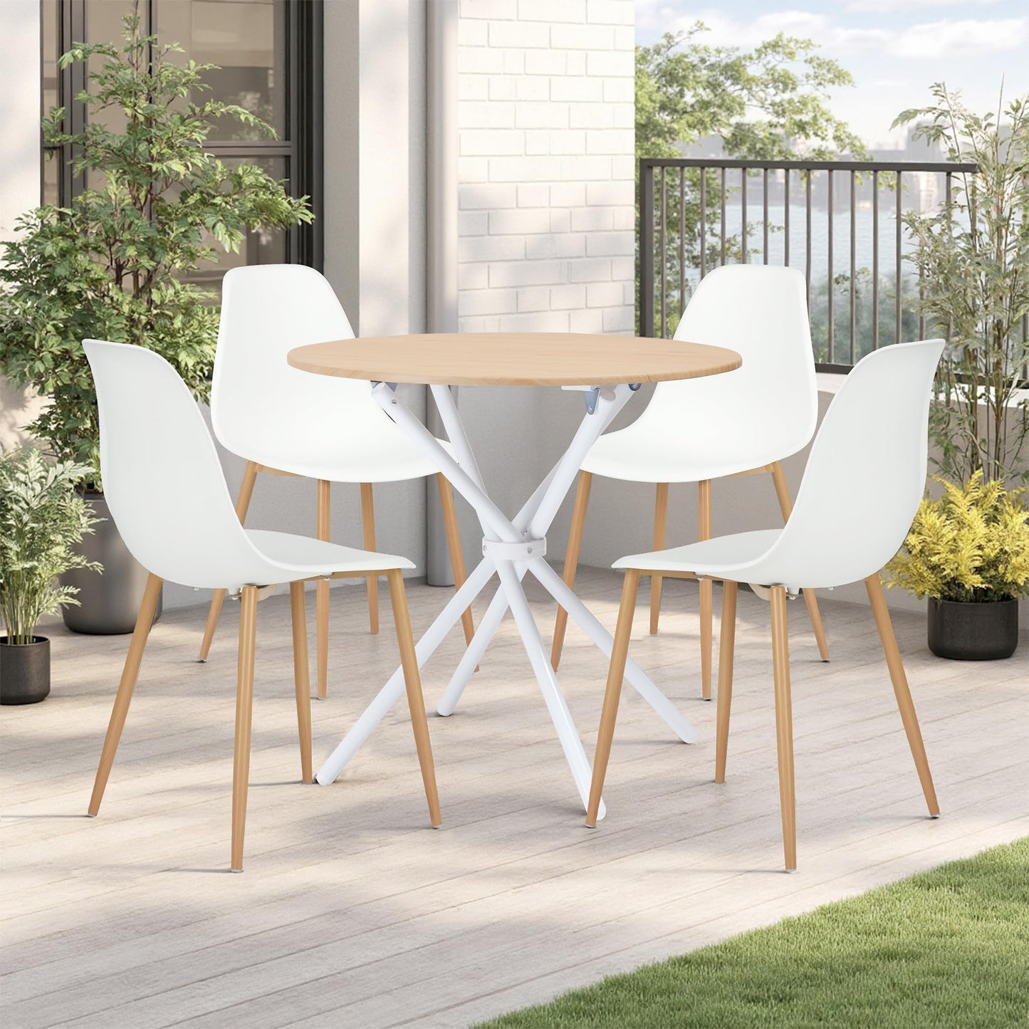 FurnitureR Round Bistro Table, 80 x 80 cm Dining Desk, H-75 cm Low Bar Table, Oak MDF with Iron Frame, Suitable for Balcony, Terrace, Indoor Kitchen