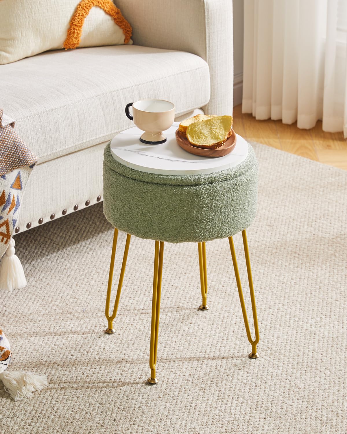 IBUYKE Makeup Vanity Stool, Teddy Velvet Ottoman, Light Green WBD010D