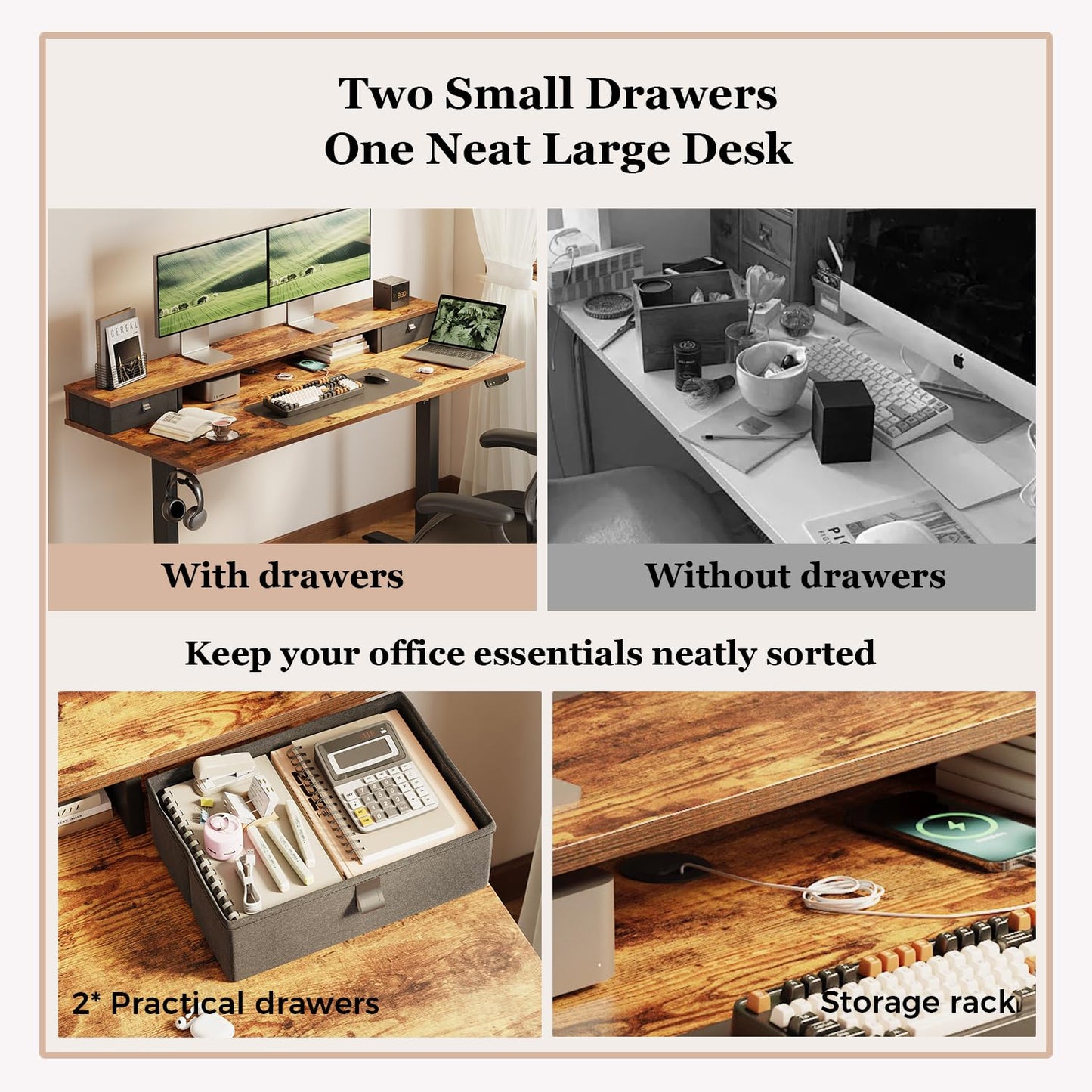 Klicelor Electric Height Adjustable Desk, with 2 Fabric Drawers, 140x60cm
