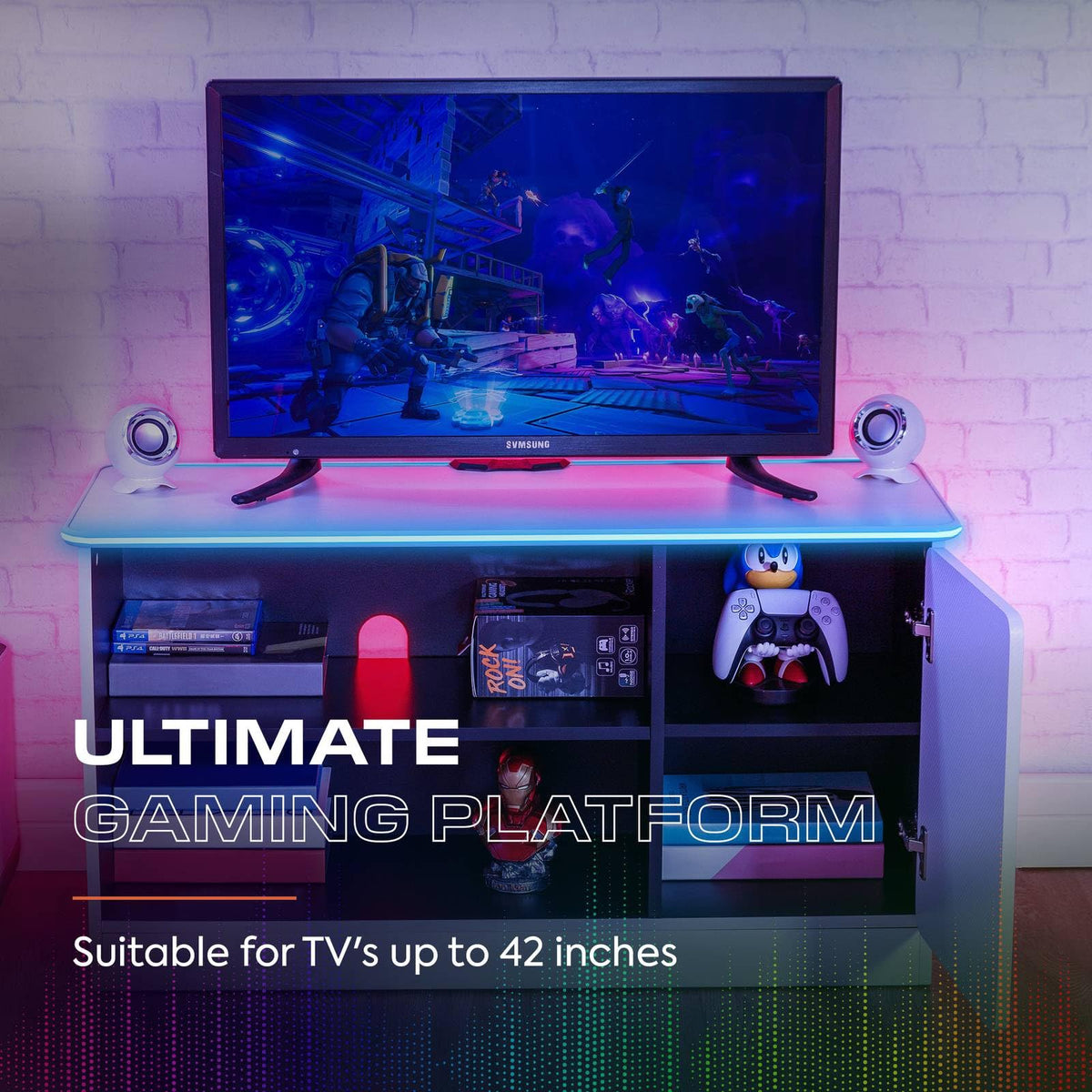 X-Rocker Carbon-Tek 100cm Width, RGB LED TV Stand Media Centre - Neo Fibre Lighting, 2 Open Shelves, 2 Shelf Storage Cupboard