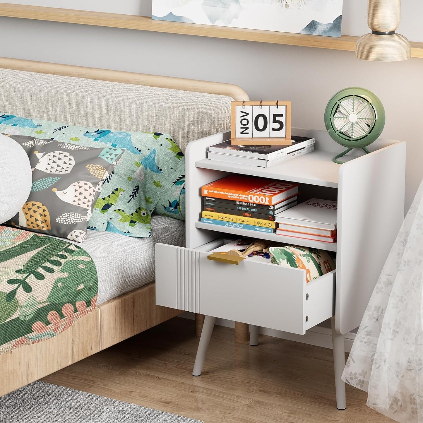 Bedside Table, Nightstand, Bed Side Table with Wood Decorated Drawers