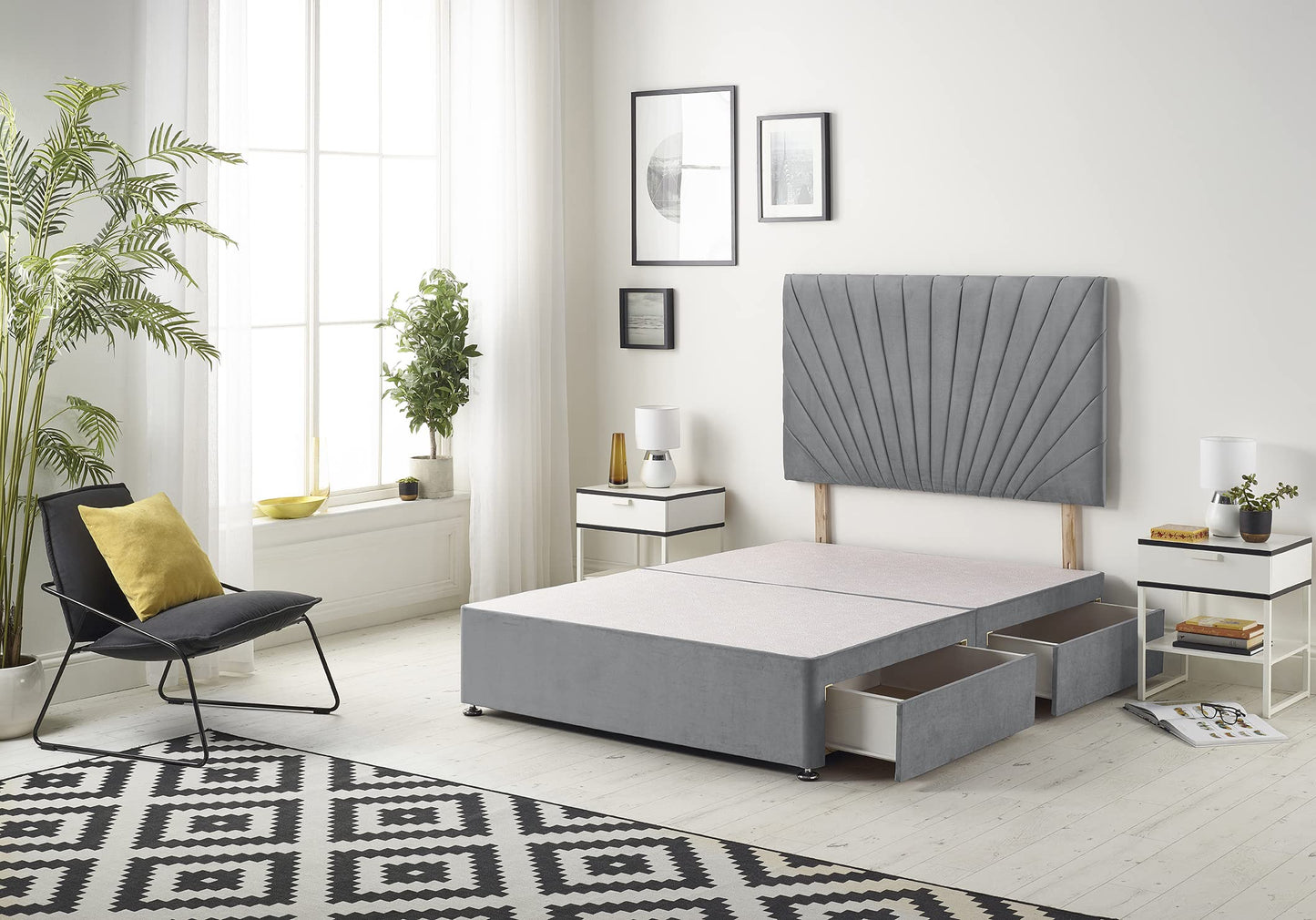 Bed Centre Platinum Charcoal Plush Divan Base With Headboard, Storage Drawers- Single, Small Double, Double, King, Super King