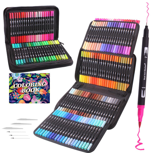 Laconile 132 Drawing Markers Dual Tip Brush Pens, Fineliners Felt Pens Colouring Pens for Adult Coloring Books Calligraphy Drawing Sketching