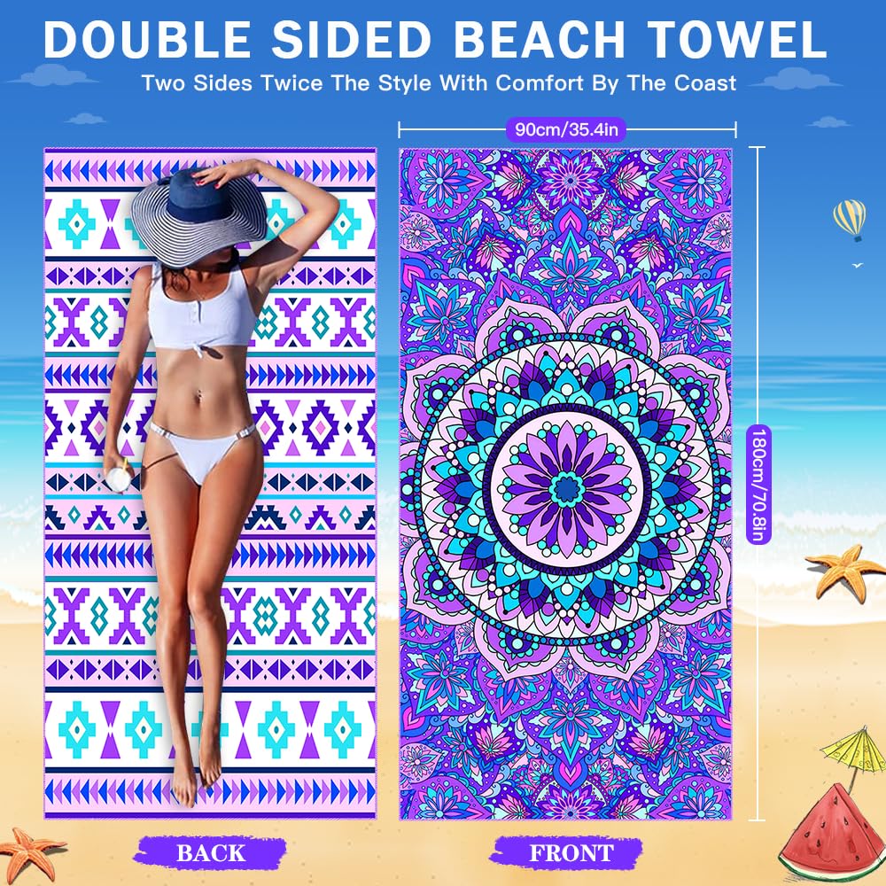COYBTO Microfibre Beach Towel, 180x90CM Double Sided Quick Dry Beach Towels for Adults, Large Bath Towels with Button, Sandproof, Lightweight