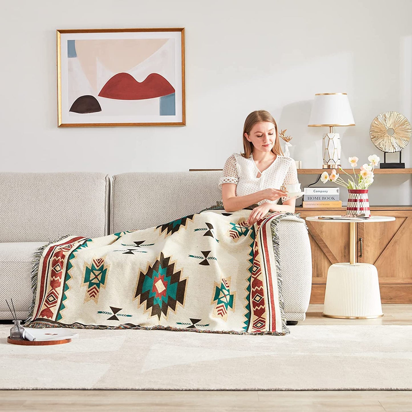 VANJOROY Aztec Sofa Large Throw Blanket with Tassels, 100% Handwoven Cotton Tribal Bohemian Navajo Armchair Throw for 2 3 Seater Settees Couch and
