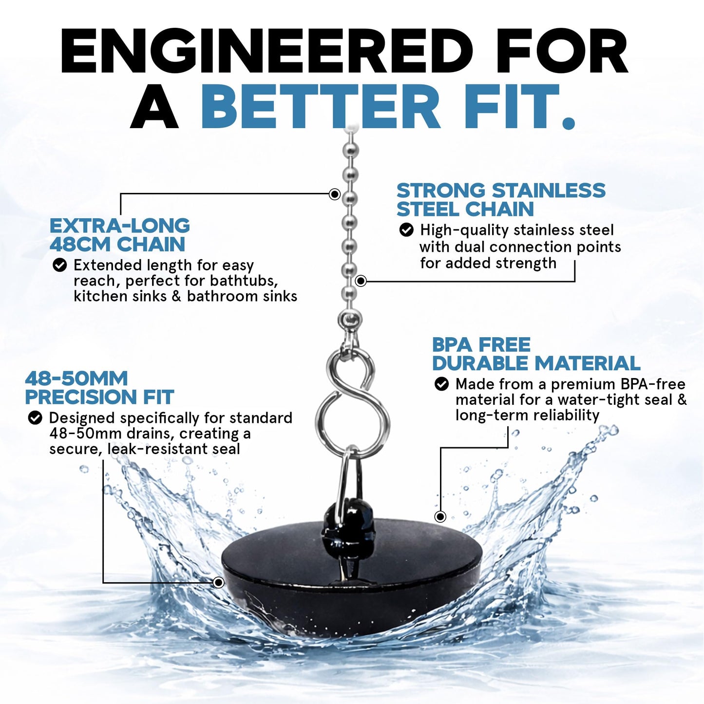 Smith’s® (48mm-50mm) Black Plug & Chain - Bathtub, Bathroom, & Kitchen Sink Plug | 48cm Strong Stainless Steel Ball Chain With S-Hooks