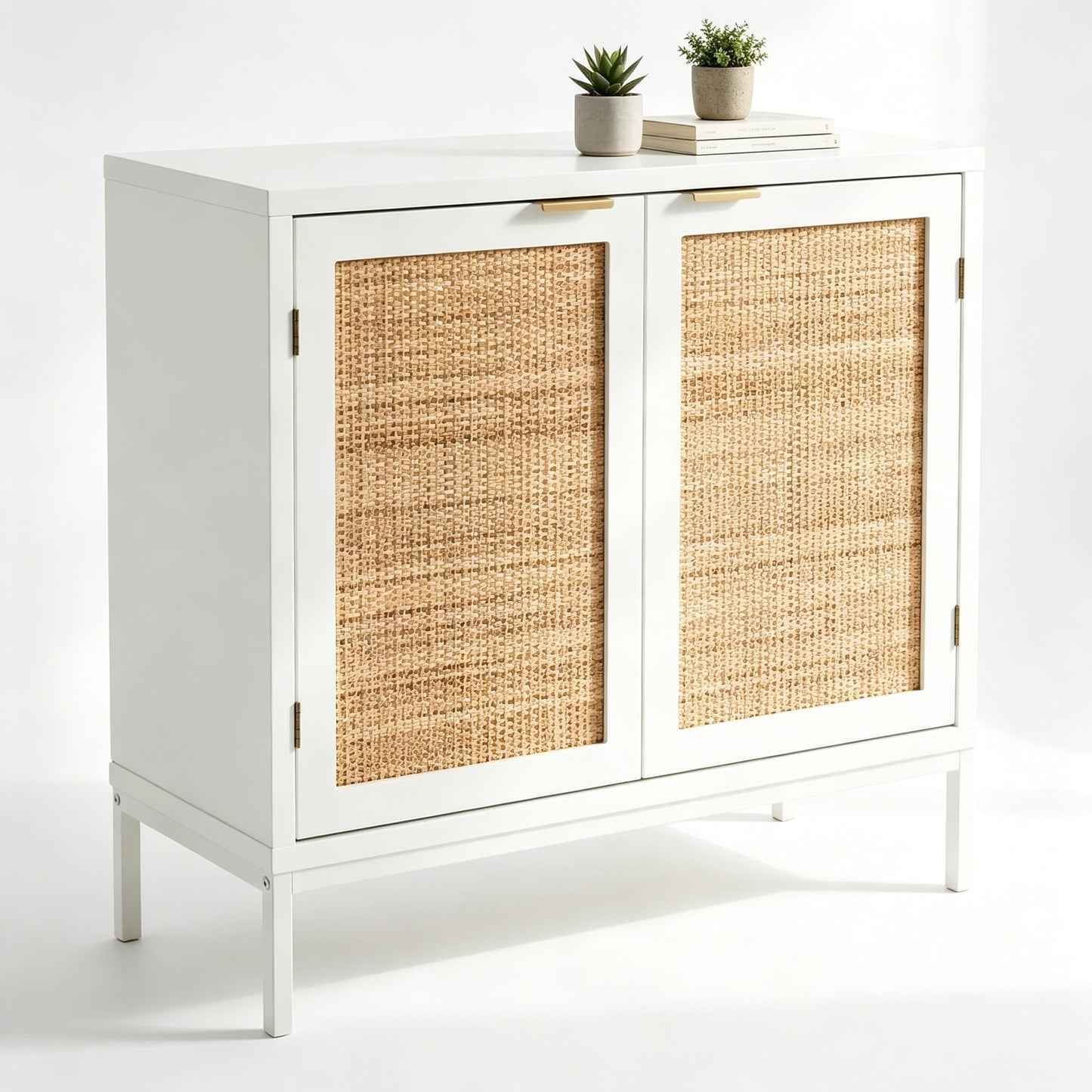Yvsevnr White Rattan Buffet Cabinet, Sideboard and Tv Cabinet, Accent Cabinet with Magnetic Closure, Metal Legs, Anti-tipping