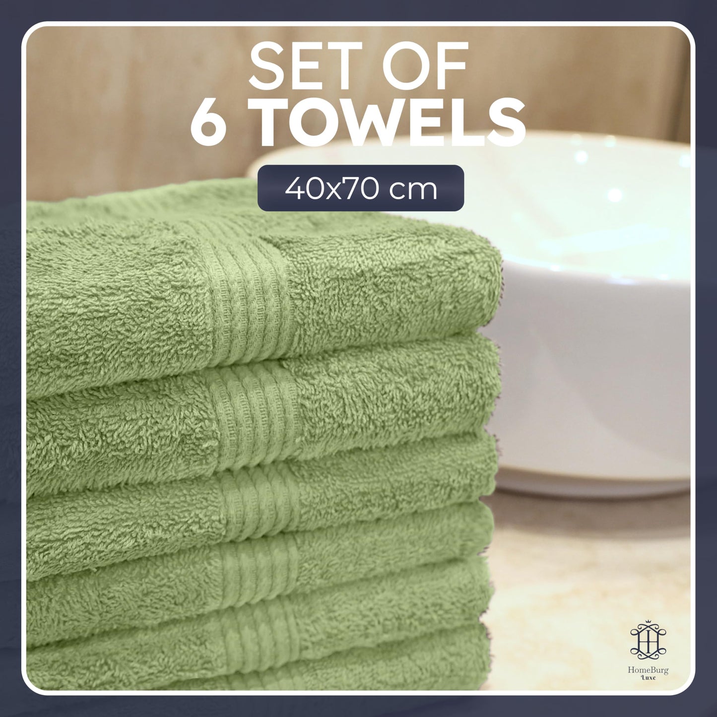 HomeBurg Luxe 6-Piece Towel Set – Soft & Absorbent Cotton, Quick-Drying, Easy Care, 40 x 70 cm, Sage Green
